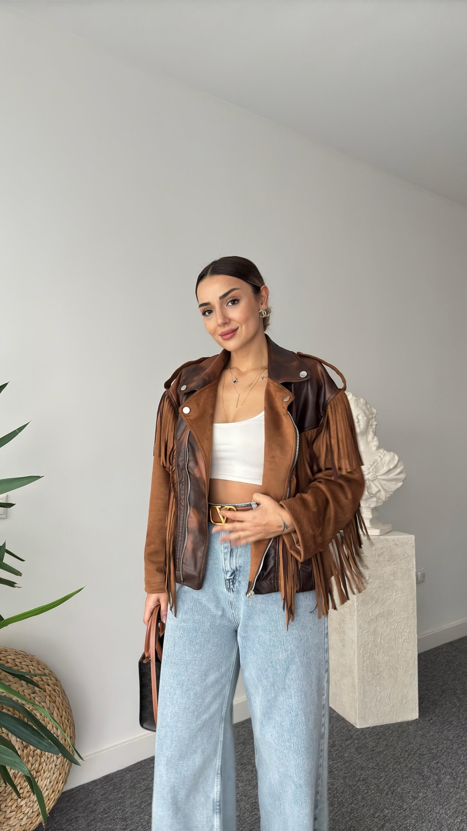 Auri Püsküllü Deri Detaylı Süet Ceket