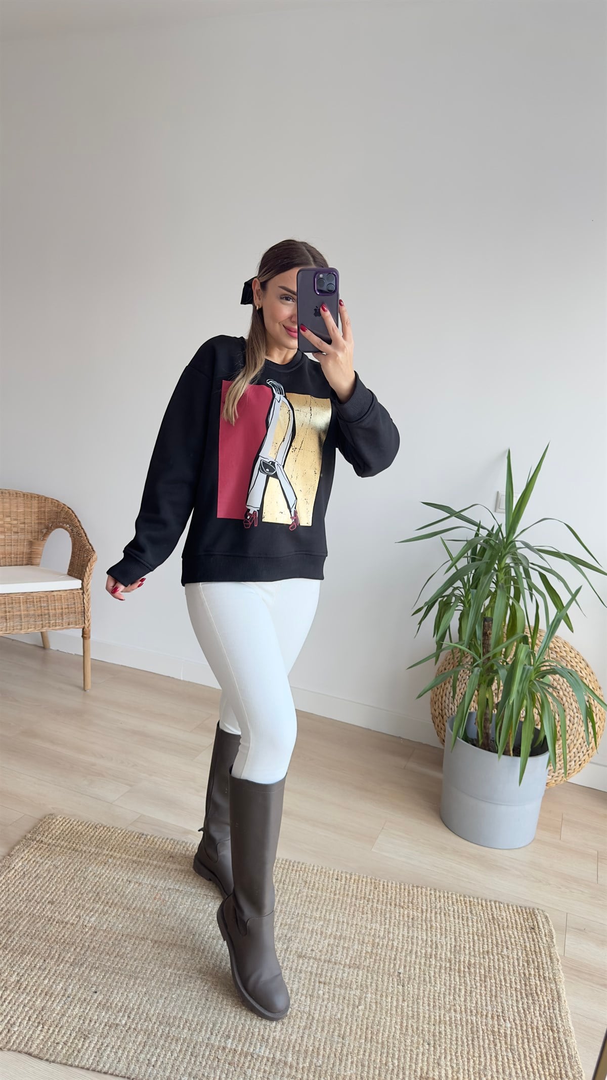 Varak Desenli Şardonlu Siyah Sweat