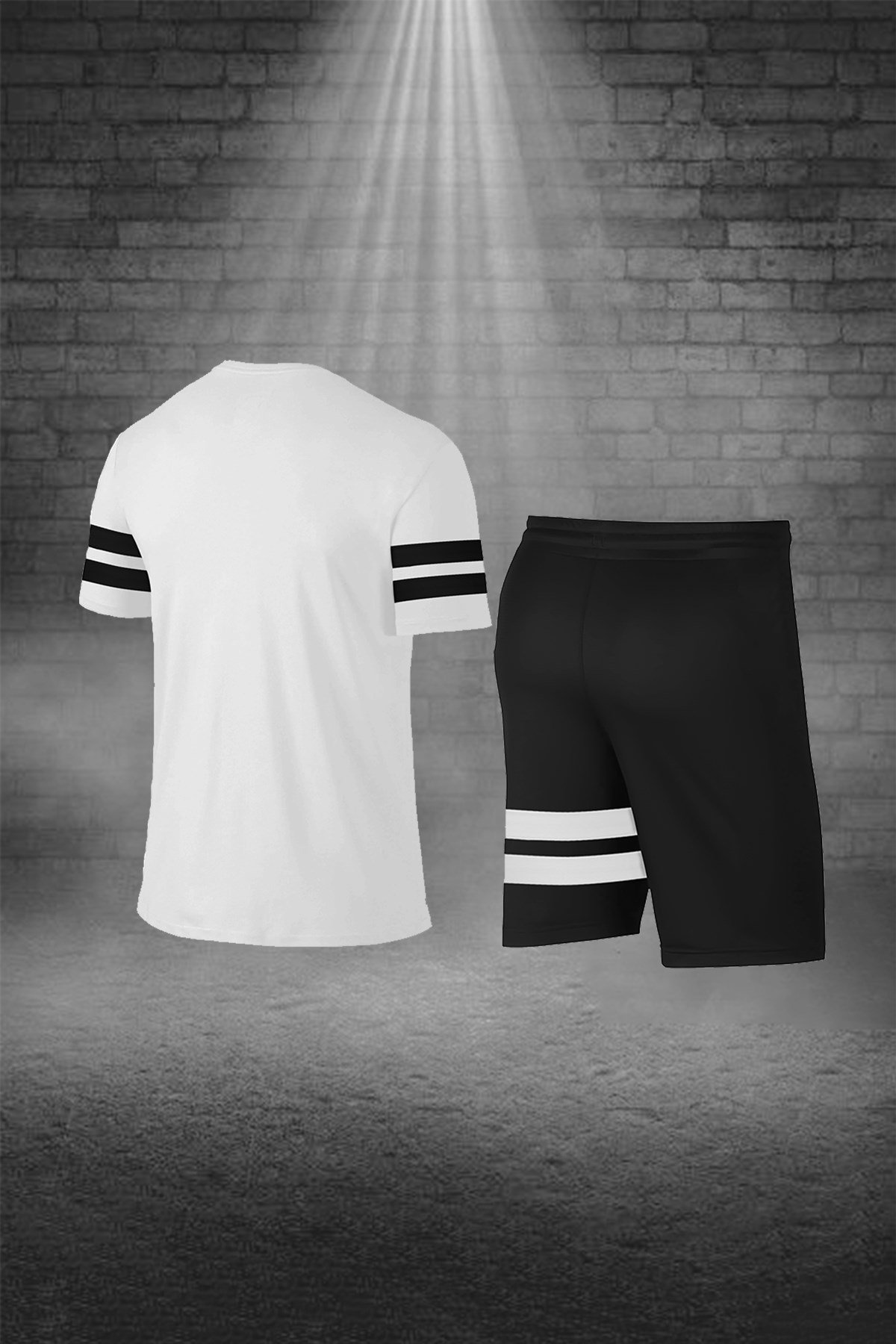 Büyük Beden Erkek Beyaz Günlük Sporcu Tişört ve Şort Takımı 4XL-10XL - siyah iki bant - M4