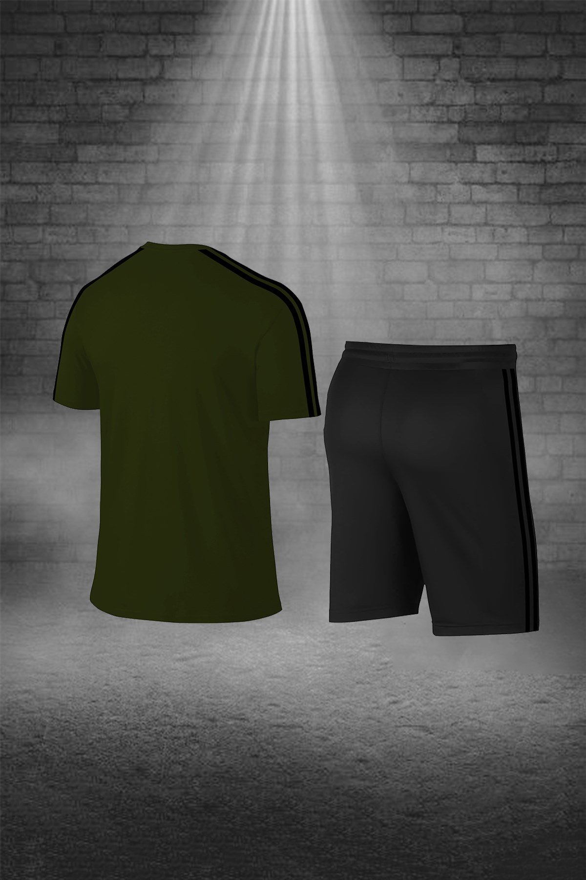 Büyük Beden Erkek Haki Günlük Sporcu Tişört ve Şort Takımı 4XL-10XL siyah çift şerit - M3