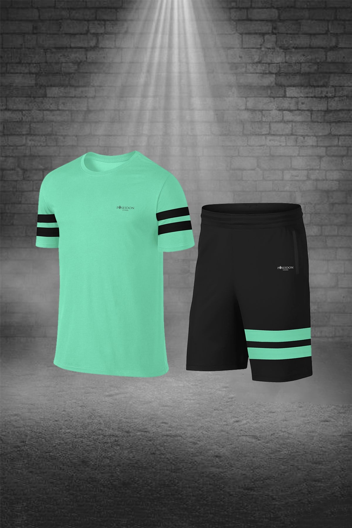 Büyük Beden Erkek Mint Yeşili Günlük Sporcu Tişört ve Şort Takımı 4XL-10XL siyah iki bant - M4