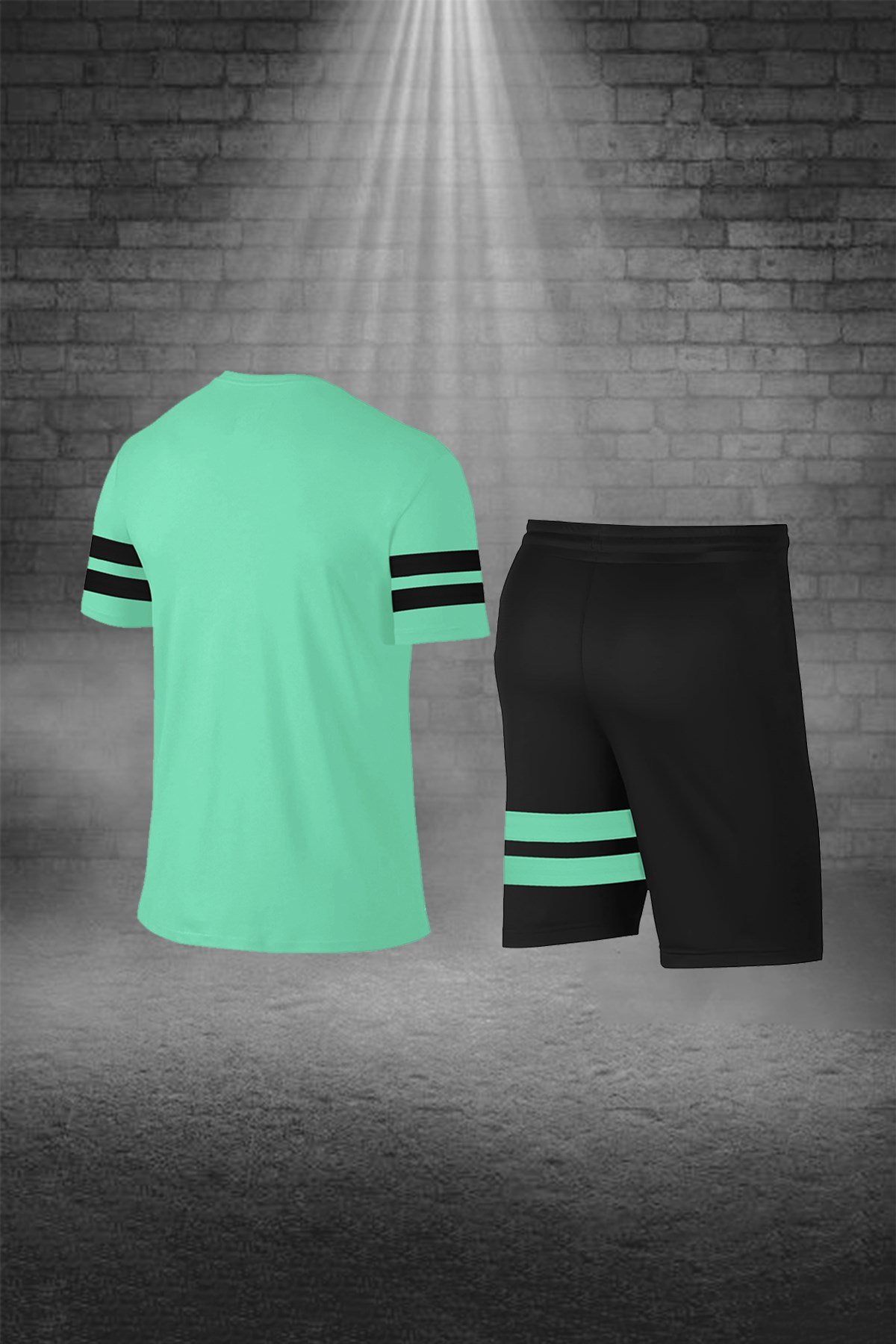 Büyük Beden Erkek Mint Yeşili Günlük Sporcu Tişört ve Şort Takımı 4XL-10XL siyah iki bant - M4