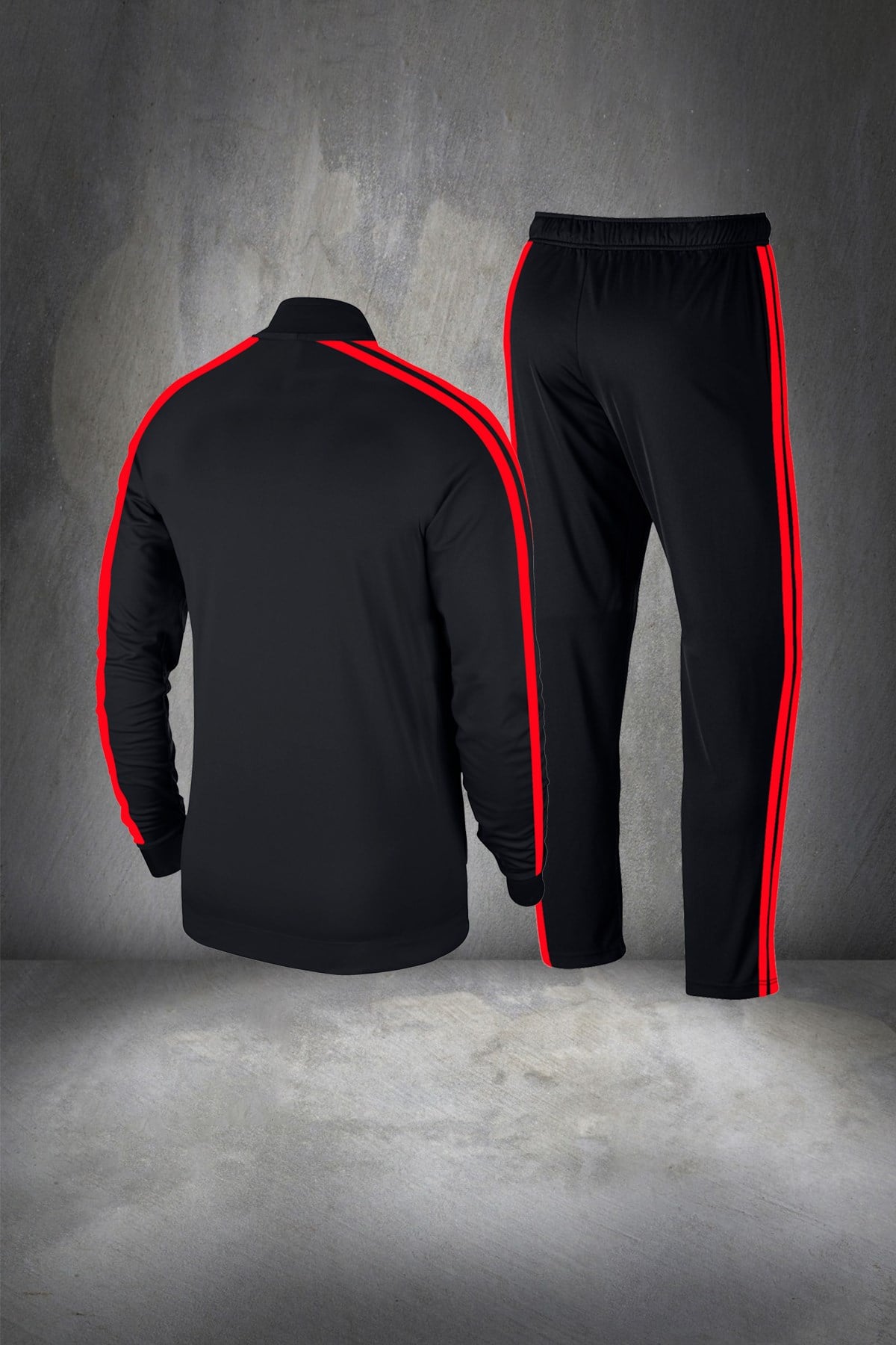 Büyük Beden Erkek Siyah Günlük Sporcu Eşofman Takımı 4XL-10XL kırmızı çift şerit - M2