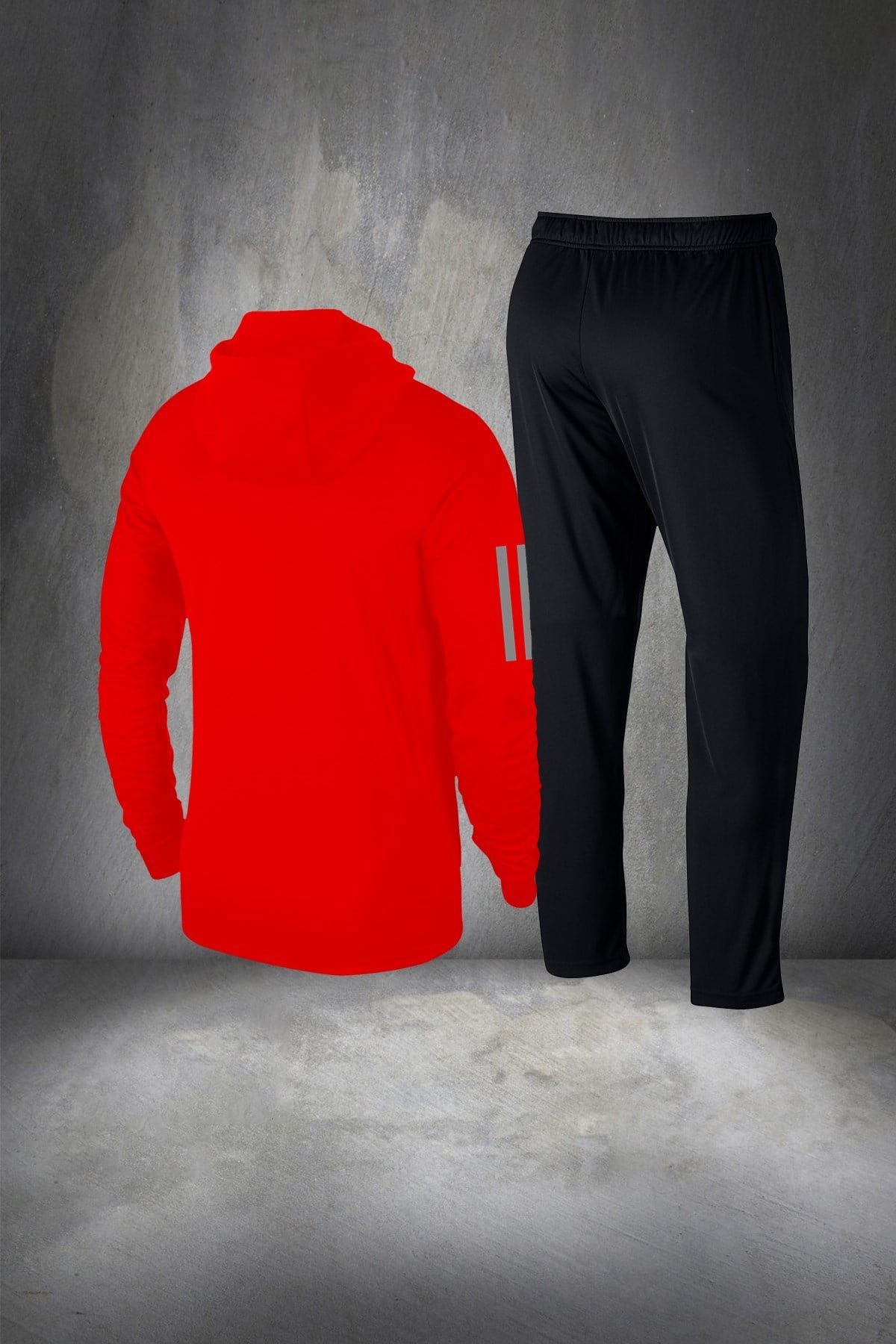 Erkek Kırmızı İnterlok Kumaş Kapüşonlu Fermuarlı Koşu Takımı S-3XL