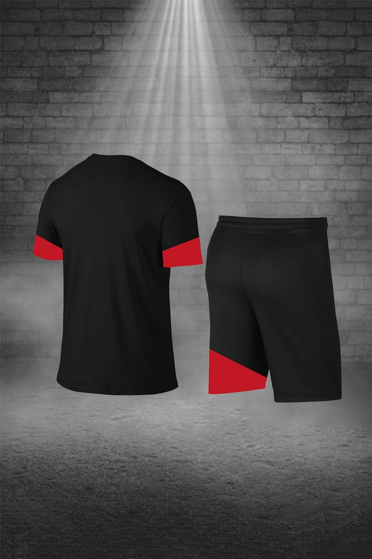 Erkek Siyah Günlük Sporcu Tişört ve Şort Takımı S-3XL - kırmızı parçalı v - M5