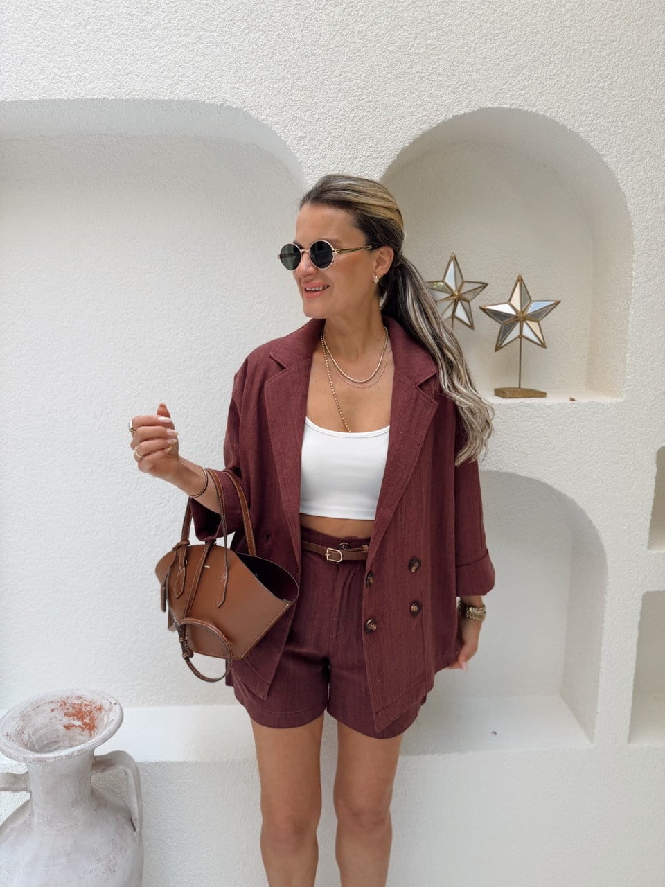Nişantaşı Butik 4 DÜĞME BLAZER KEMERLİ ŞORT KETEN TAKIM MÜRDÜM