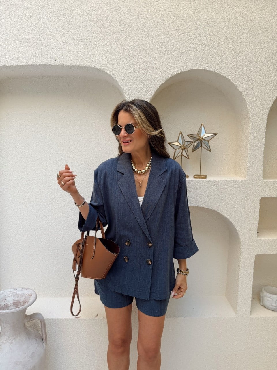 Nişantaşı Butik 4 DÜĞME BLAZER KEMERLİ ŞORT KETEN TAKIM İNDİGO