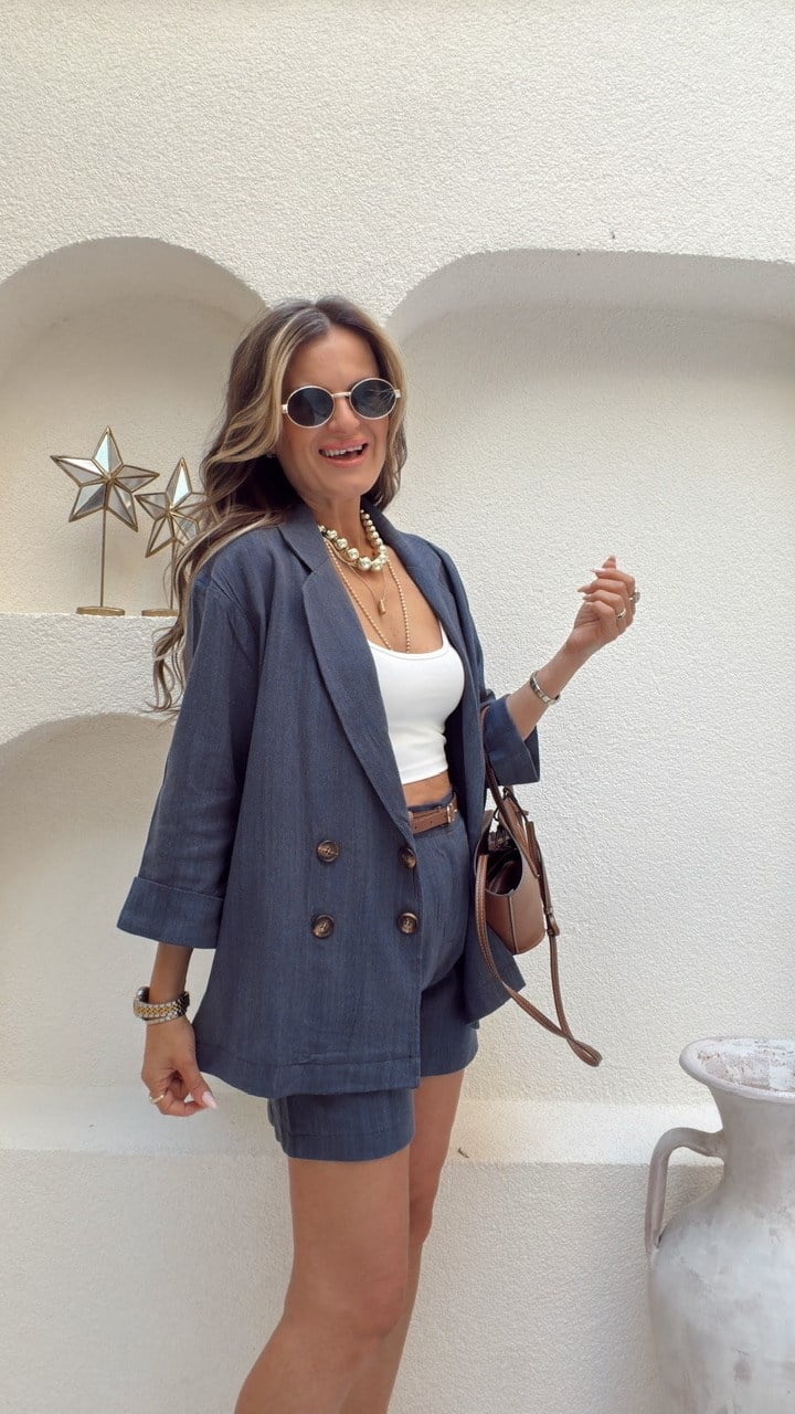 Nişantaşı Butik 4 DÜĞME BLAZER KEMERLİ ŞORT KETEN TAKIM İNDİGO