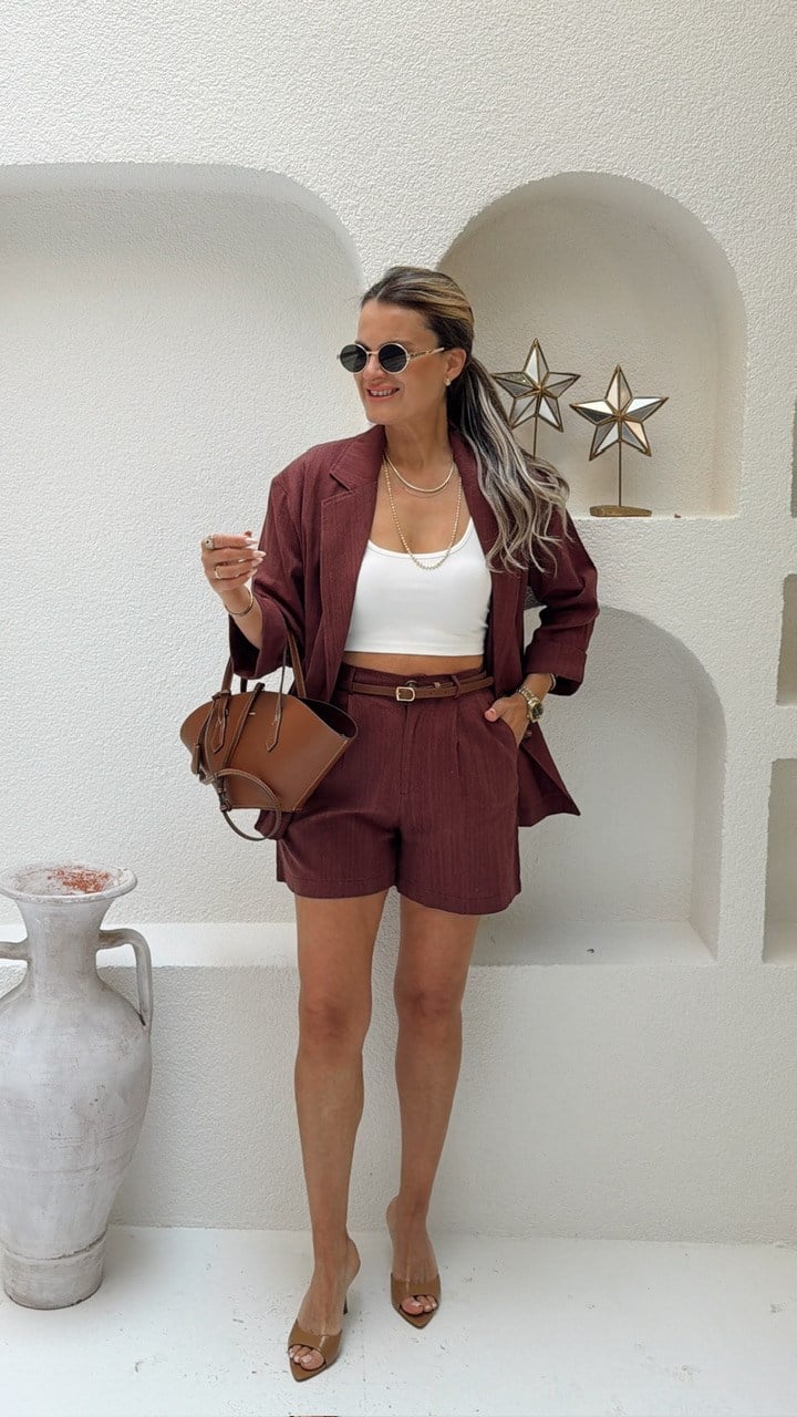 Nişantaşı Butik 4 DÜĞME BLAZER KEMERLİ ŞORT KETEN TAKIM MÜRDÜM
