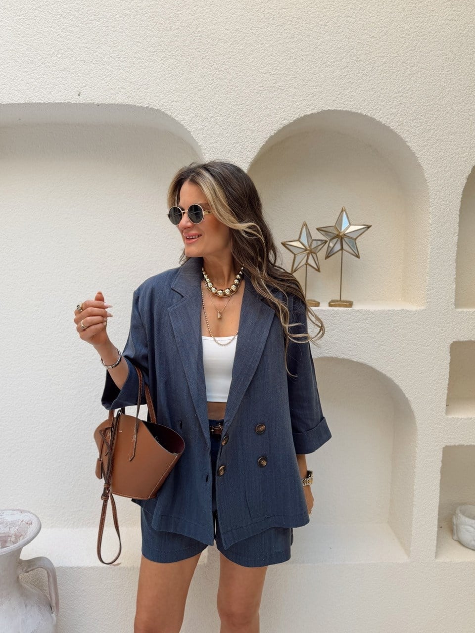 Nişantaşı Butik 4 DÜĞME BLAZER KEMERLİ ŞORT KETEN TAKIM İNDİGO