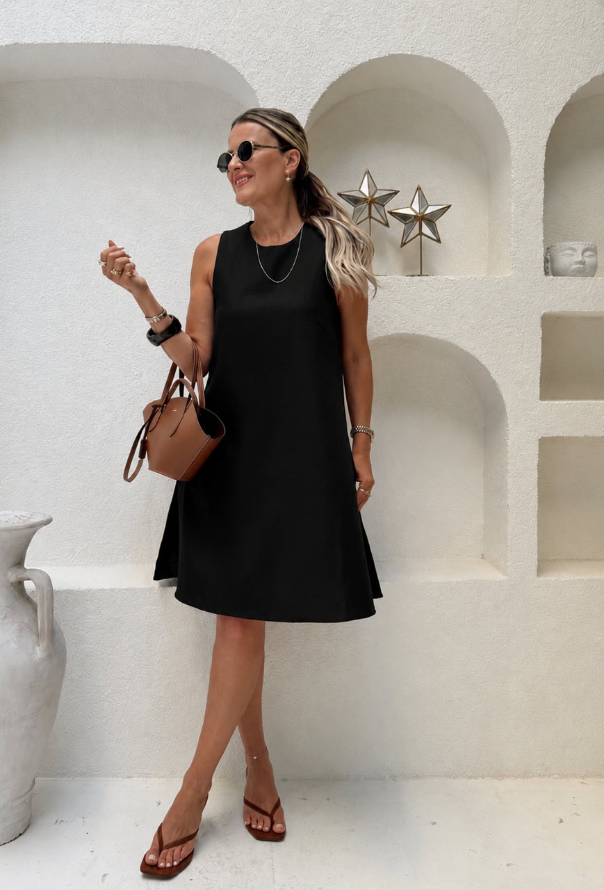 Nişantaşı Butik A MODEL KETEN ELBİSE SİYAH
