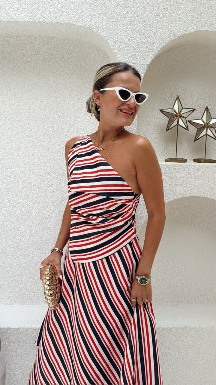 Nişantaşı Butik ASİMETRİ DRAPE DETAY ÇİZGİLİ KETEN ELBİSE