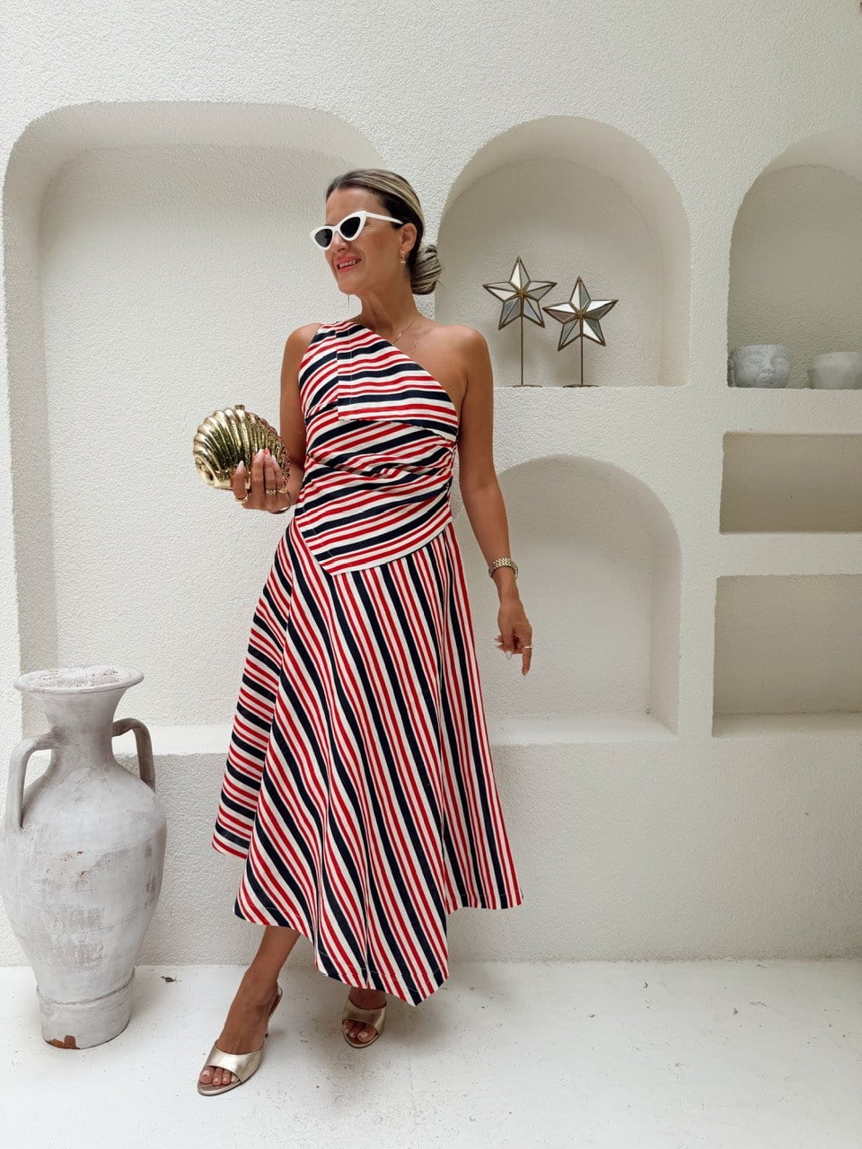 Nişantaşı Butik ASİMETRİ DRAPE DETAY ÇİZGİLİ KETEN ELBİSE