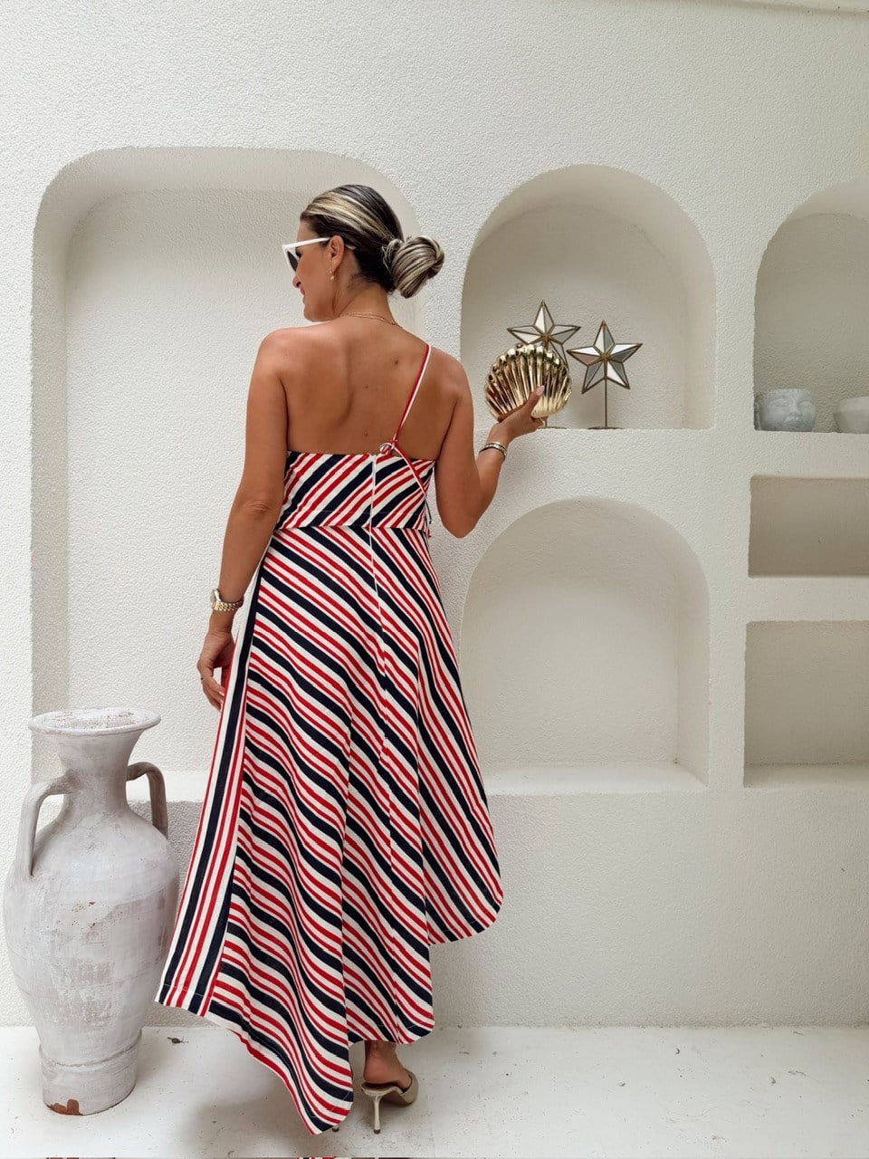 Nişantaşı Butik ASİMETRİ DRAPE DETAY ÇİZGİLİ KETEN ELBİSE