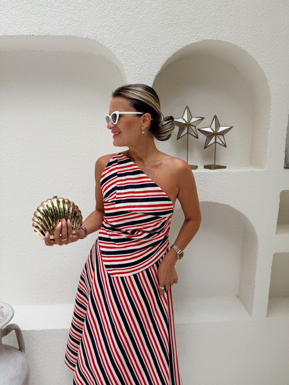 Nişantaşı Butik ASİMETRİ DRAPE DETAY ÇİZGİLİ KETEN ELBİSE