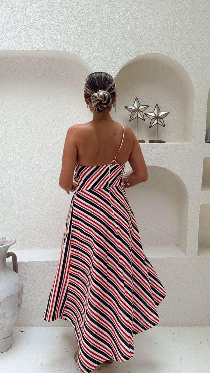 Nişantaşı Butik ASİMETRİ DRAPE DETAY ÇİZGİLİ KETEN ELBİSE