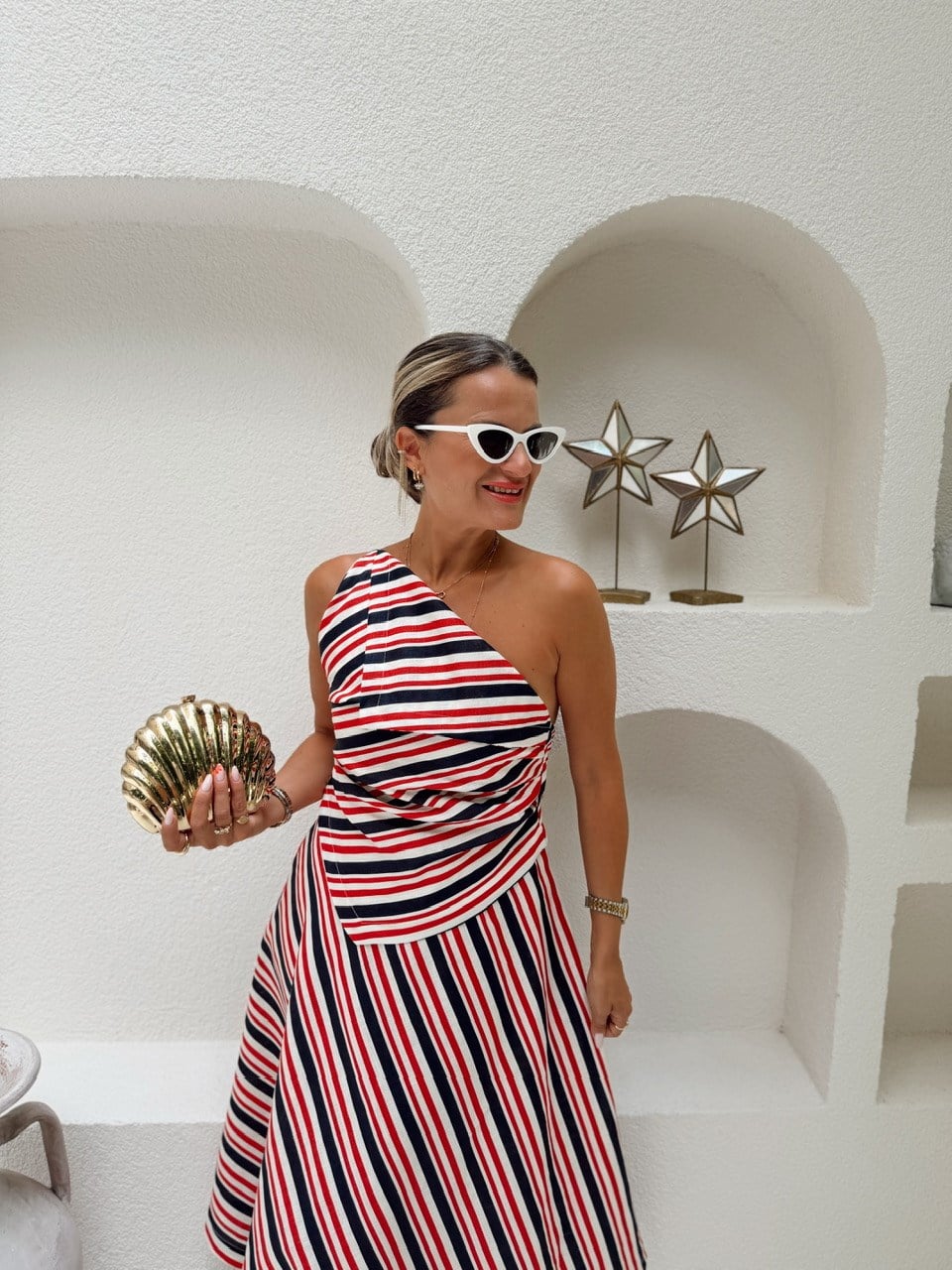 Nişantaşı Butik ASİMETRİ DRAPE DETAY ÇİZGİLİ KETEN ELBİSE
