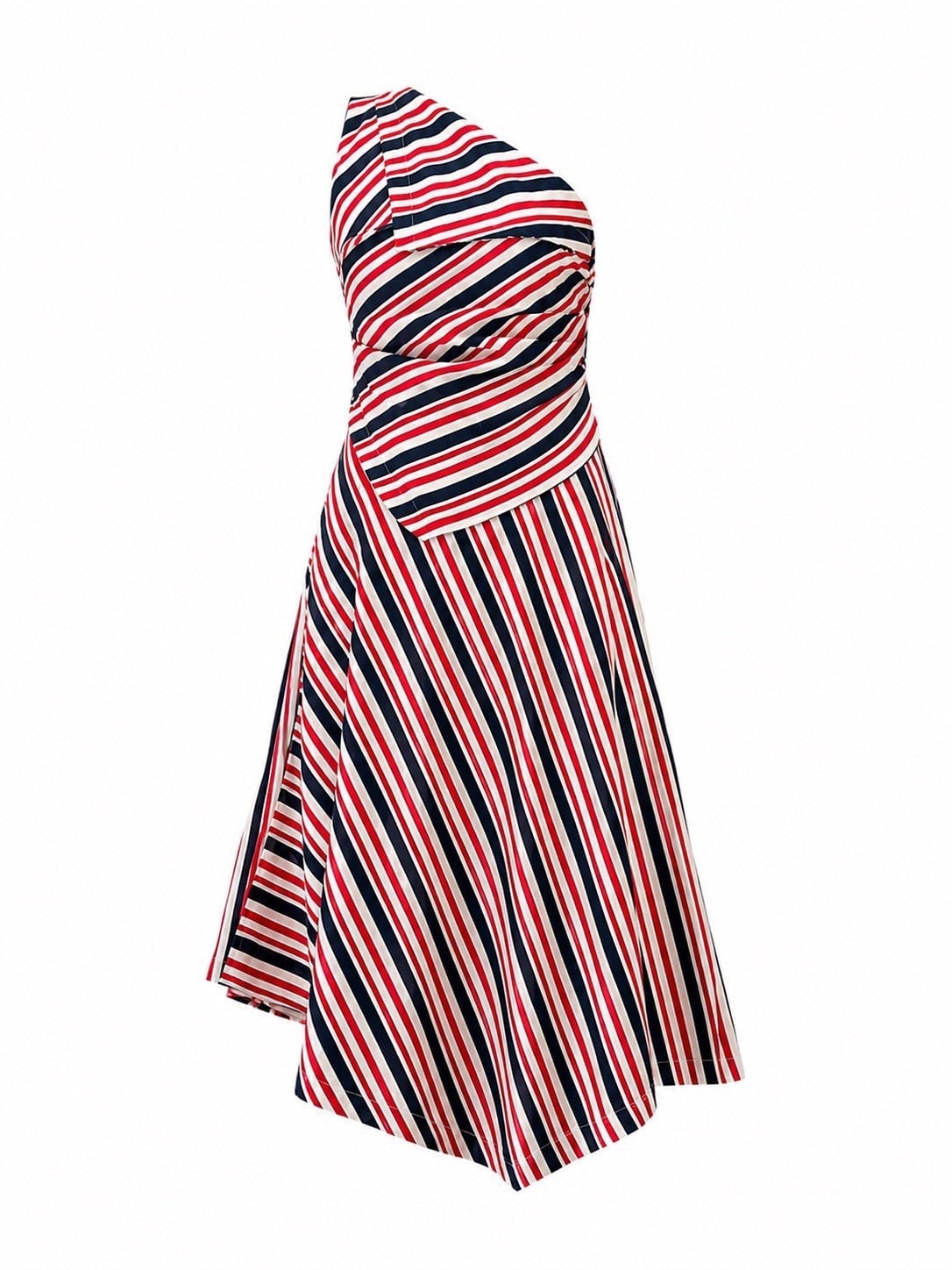 Nişantaşı Butik ASİMETRİ DRAPE DETAY ÇİZGİLİ KETEN ELBİSE