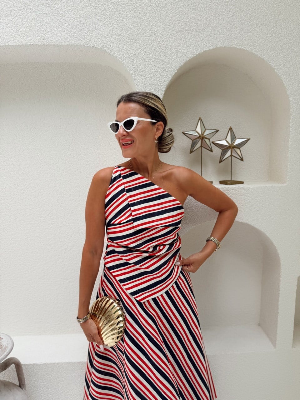 Nişantaşı Butik ASİMETRİ DRAPE DETAY ÇİZGİLİ KETEN ELBİSE