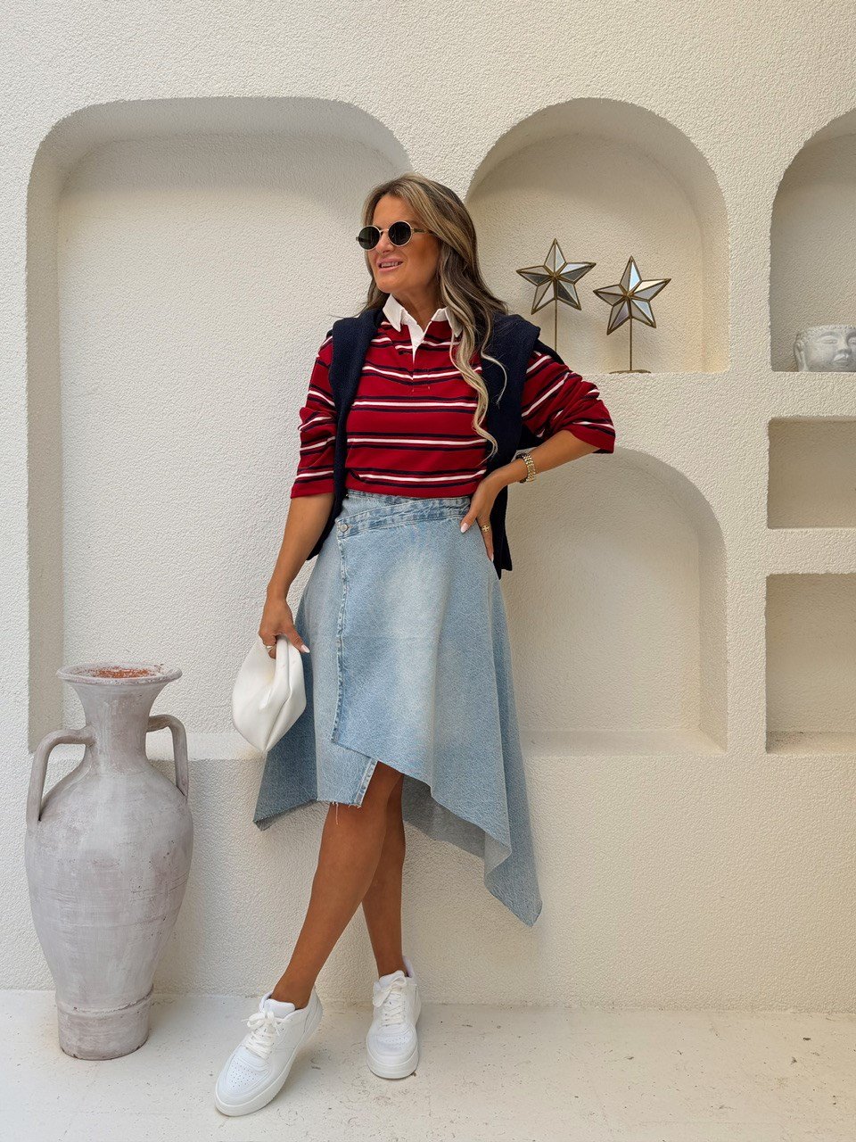 Nişantaşı Butik ASİMETRİK DÜĞME DETAY YIKAMALI JEAN ETEK