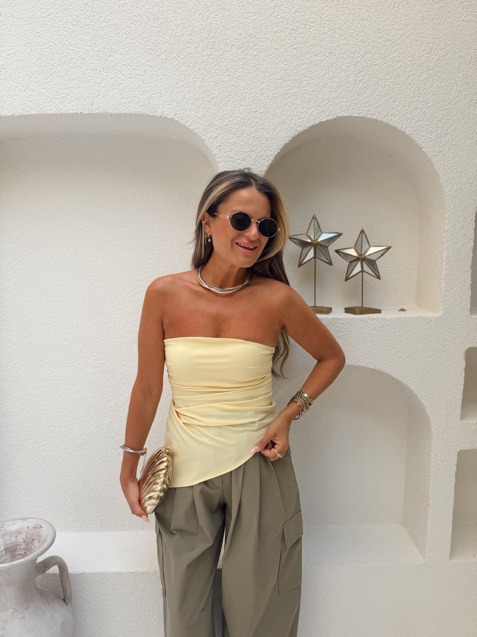 Nişantaşı Butik ASİMETRİK KESİM STRAPLEZ BLUZ SARI