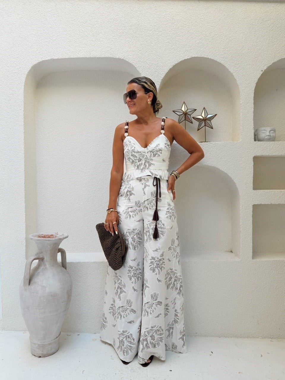 Nişantaşı Butik ASKI TAŞ BONCUK DETAY KAHVE DESENLİ TAKIM