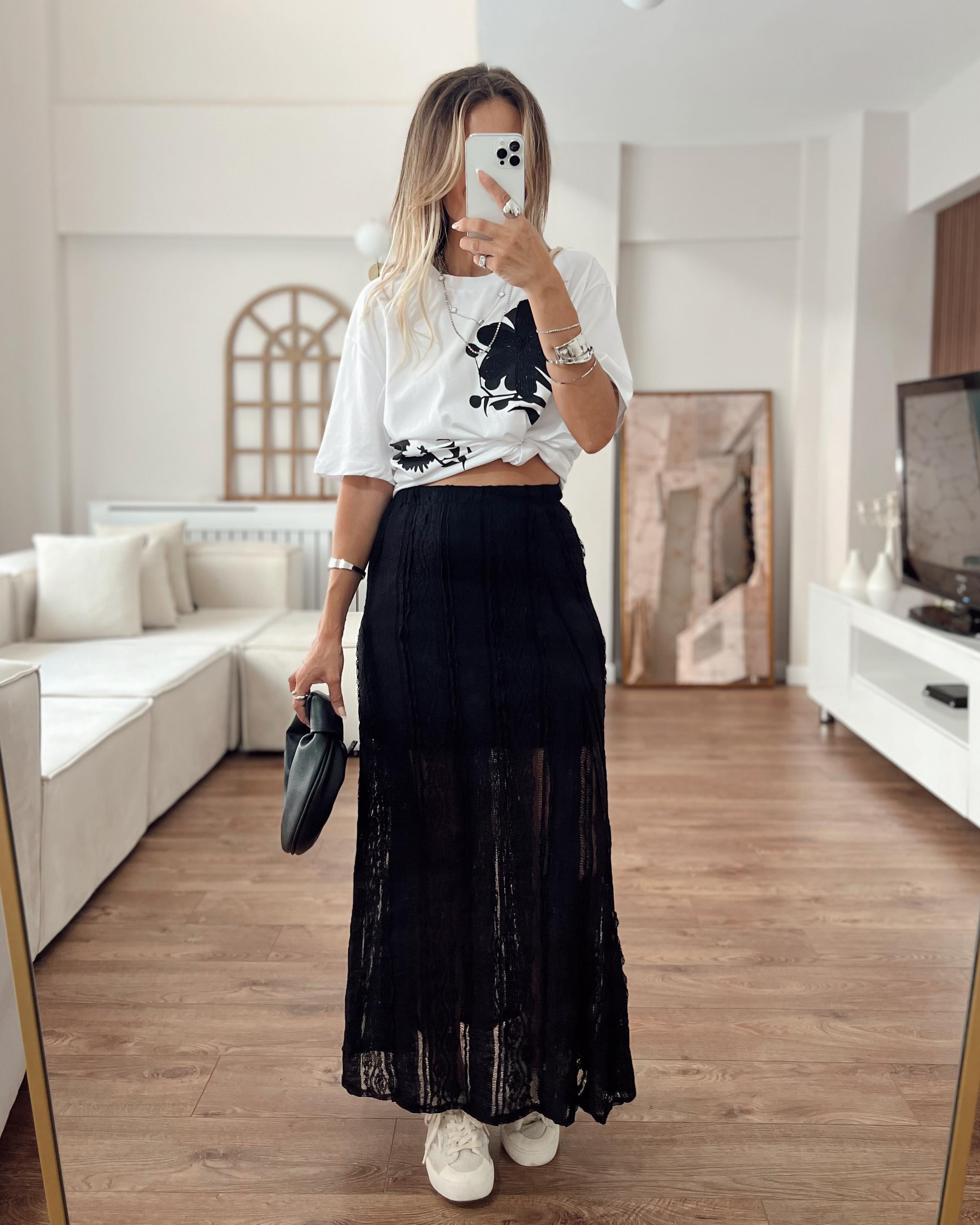 Nişantaşı Butik ASTAR DETAY MAXİ SİYAH DANTEL ETEK