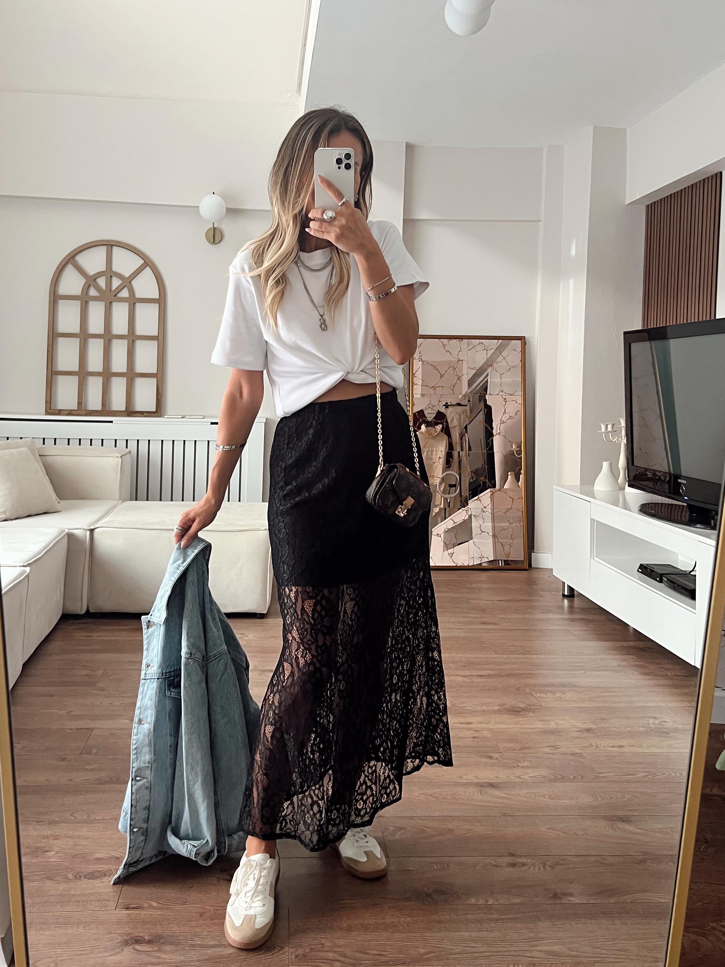 Nişantaşı Butik ASTAR DETAY MAXİ SİYAH DANTEL ETEK