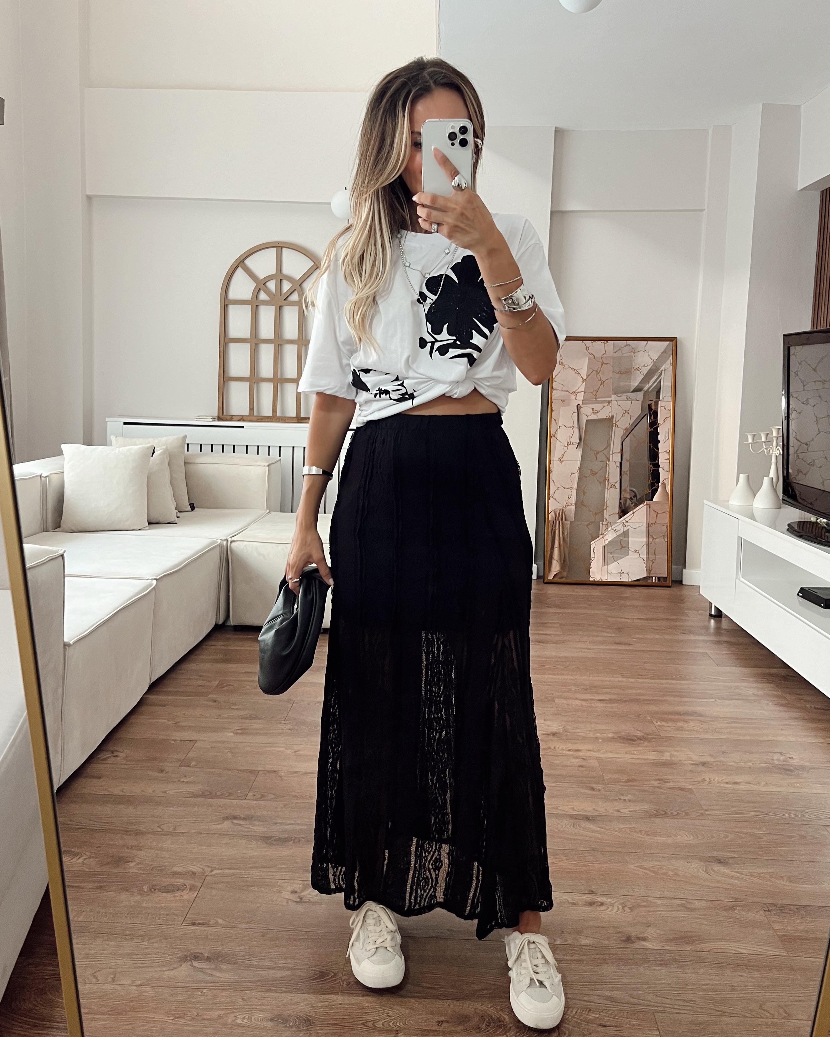 Nişantaşı Butik ASTAR DETAY MAXİ SİYAH DANTEL ETEK