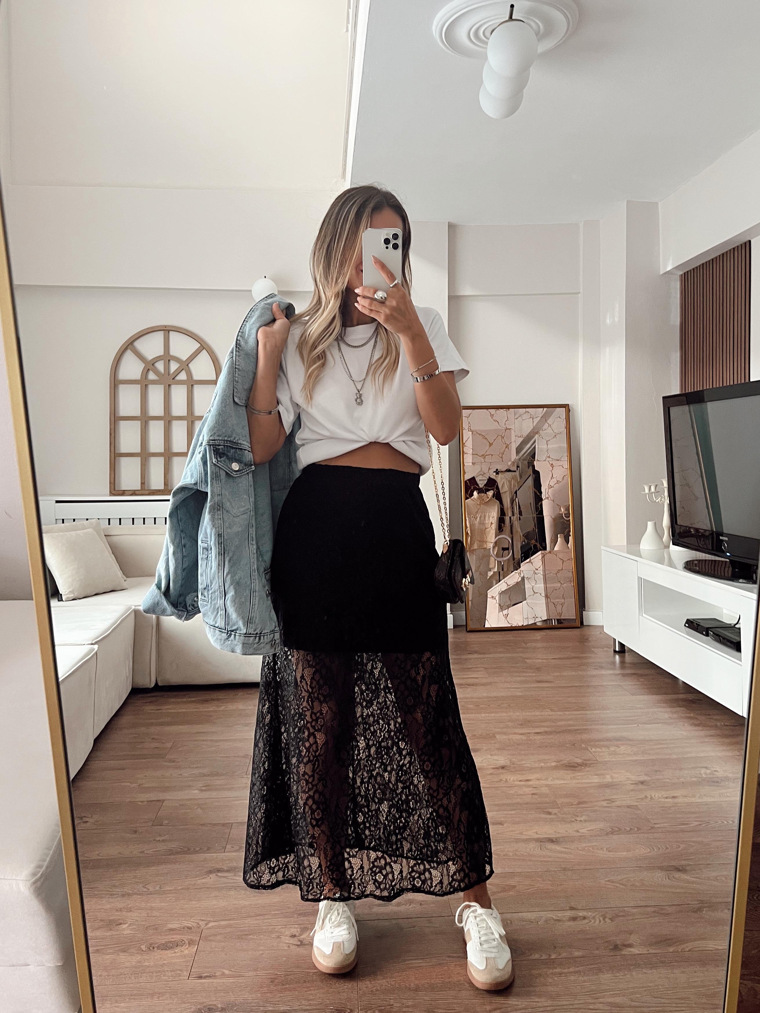 Nişantaşı Butik ASTAR DETAY MAXİ SİYAH DANTEL ETEK