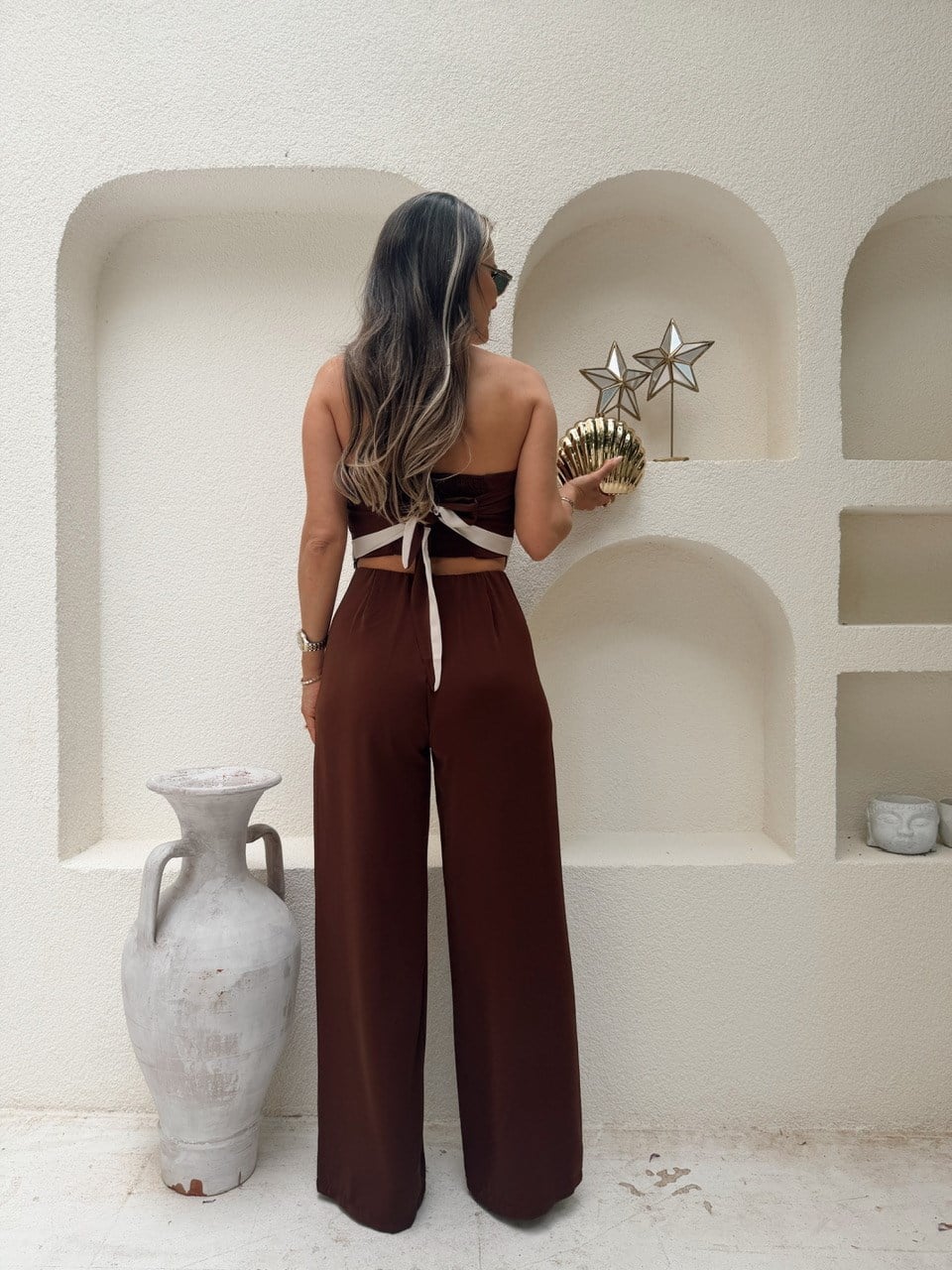 Nişantaşı Butik BEJ BİYELİ KAHVE BLUZ PANTOLON TAKIM