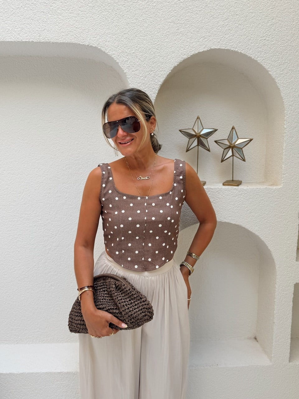Nişantaşı Butik BEJ PUANTİ DESEN KONTRAST KAHVE BLUZ