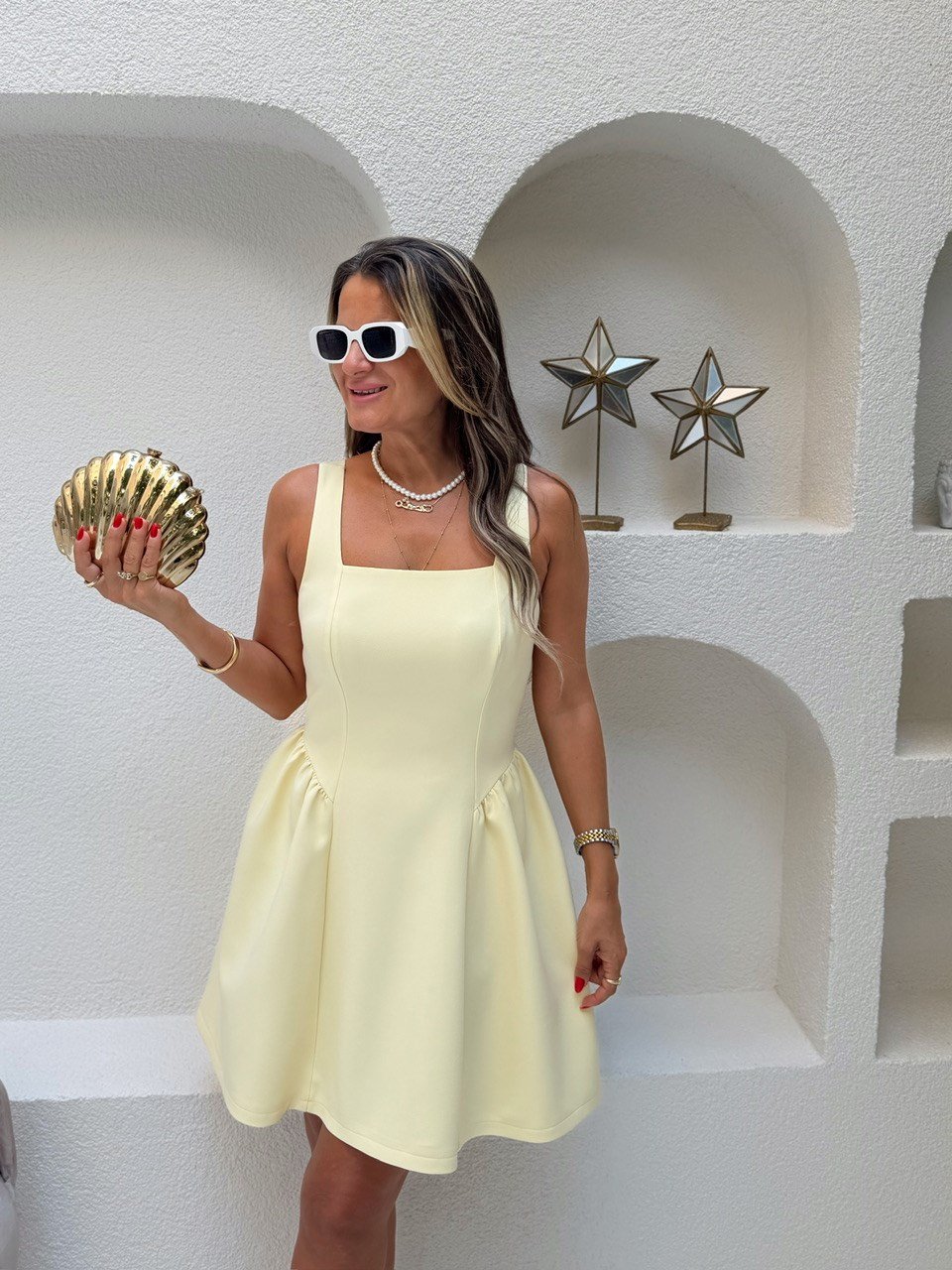 Nişantaşı Butik BEL DETAY KARE YAKA ELBİSE SARI