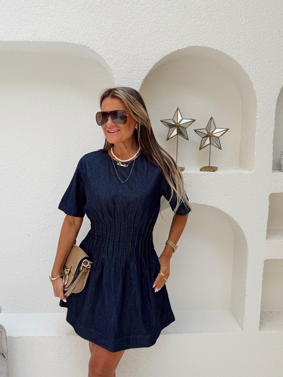 Nişantaşı Butik BEL DİKİŞ DETAY KONTRAST JEAN ELBİSE