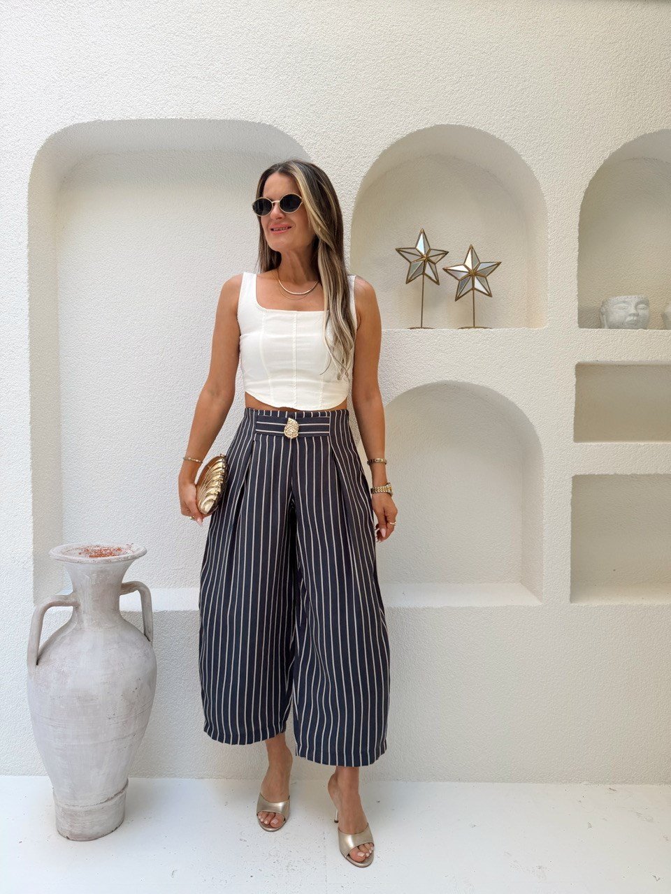 Nişantaşı Butik BEL KEMER AKSESUARLI ÇİZGİLİ TENSEL PANTOLON