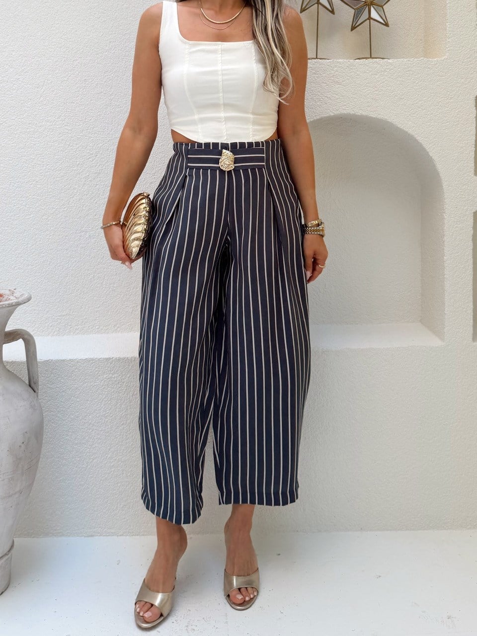 Nişantaşı Butik BEL KEMER AKSESUARLI ÇİZGİLİ TENSEL PANTOLON
