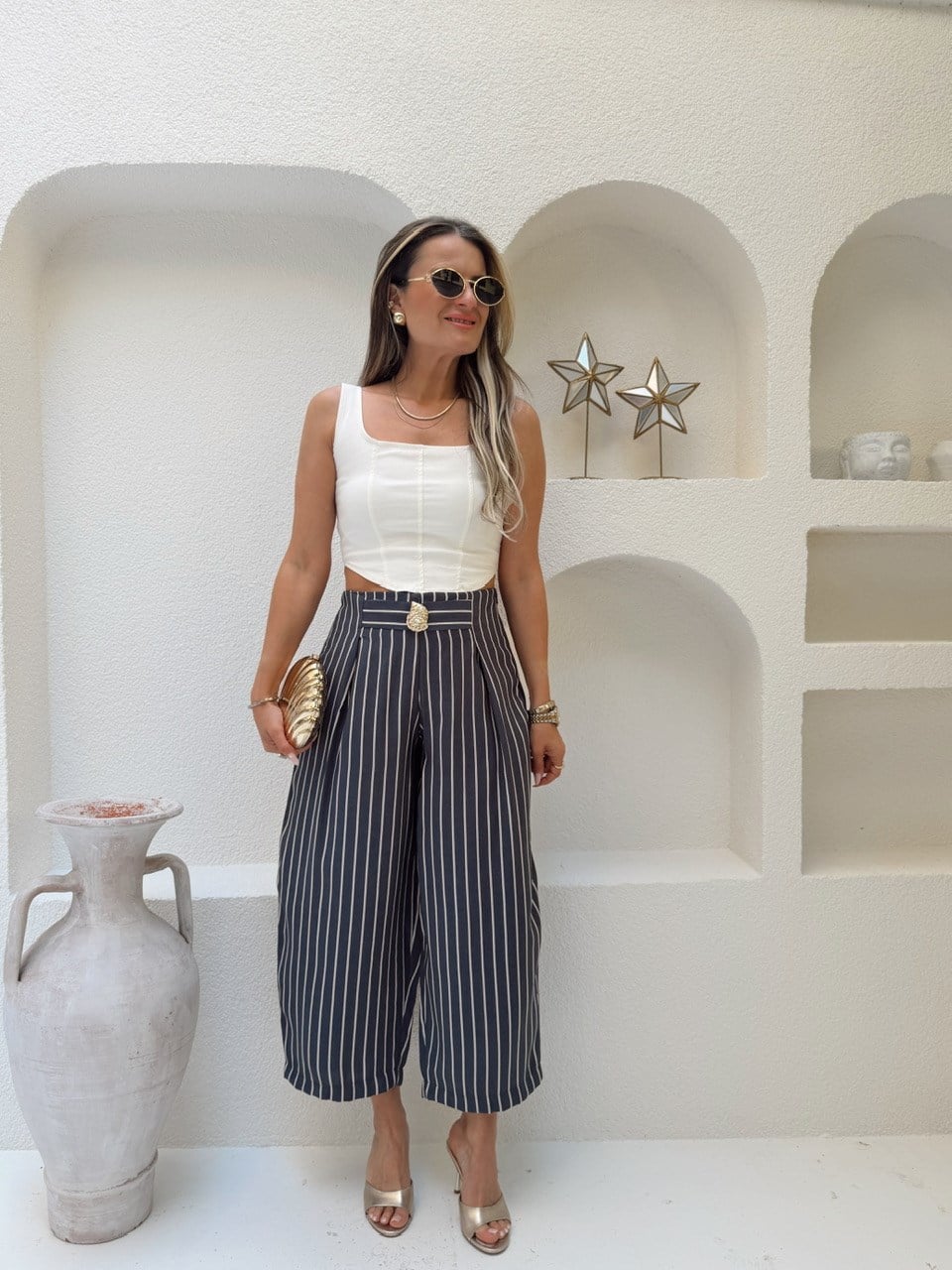 Nişantaşı Butik BEL KEMER AKSESUARLI ÇİZGİLİ TENSEL PANTOLON