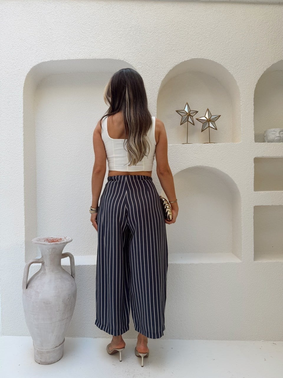 Nişantaşı Butik BEL KEMER AKSESUARLI ÇİZGİLİ TENSEL PANTOLON