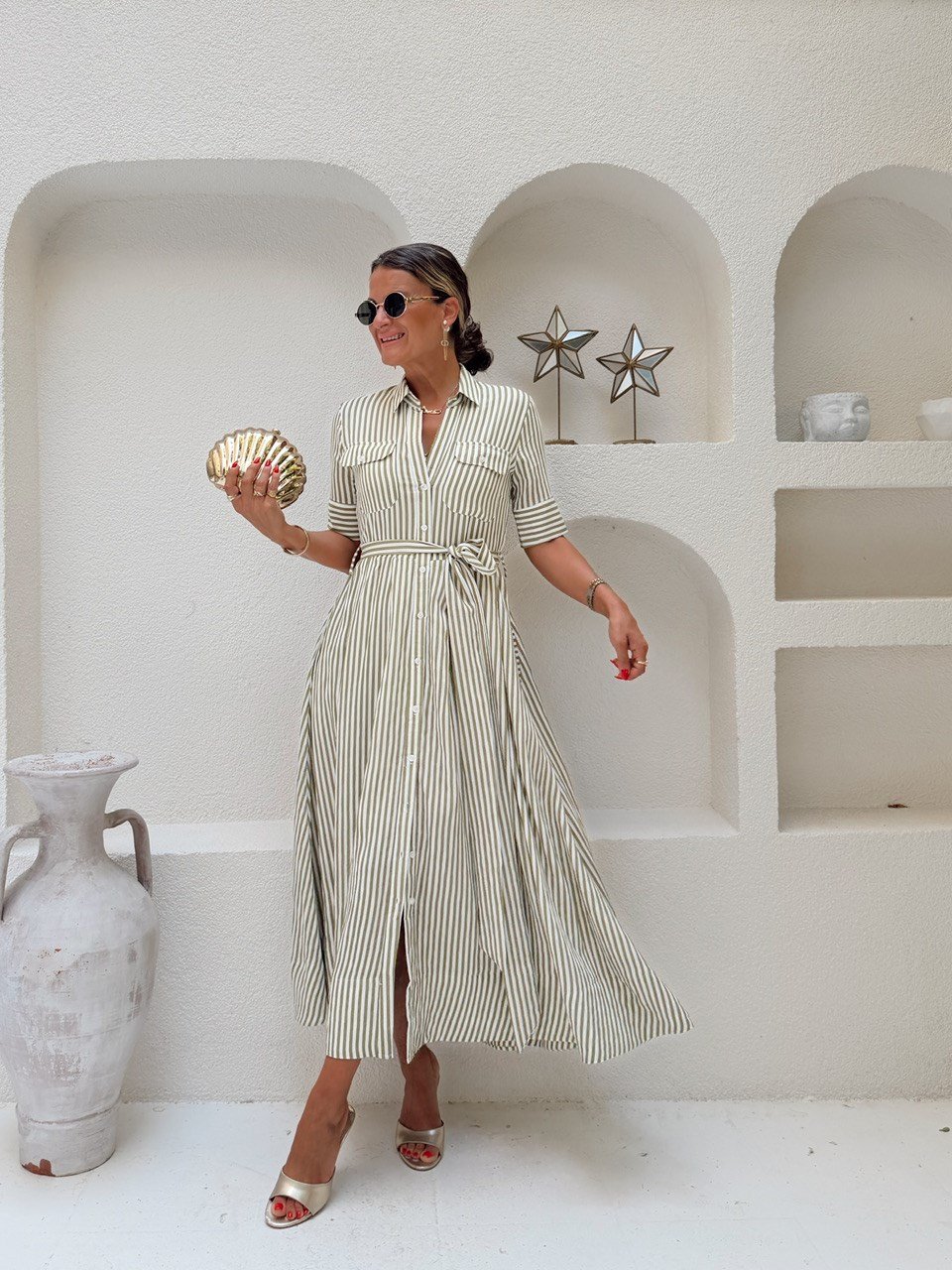 Nişantaşı Butik BEL KUŞAK DETAY YEŞİL ÇİZGİLİ GÖMLEK ELBİSE