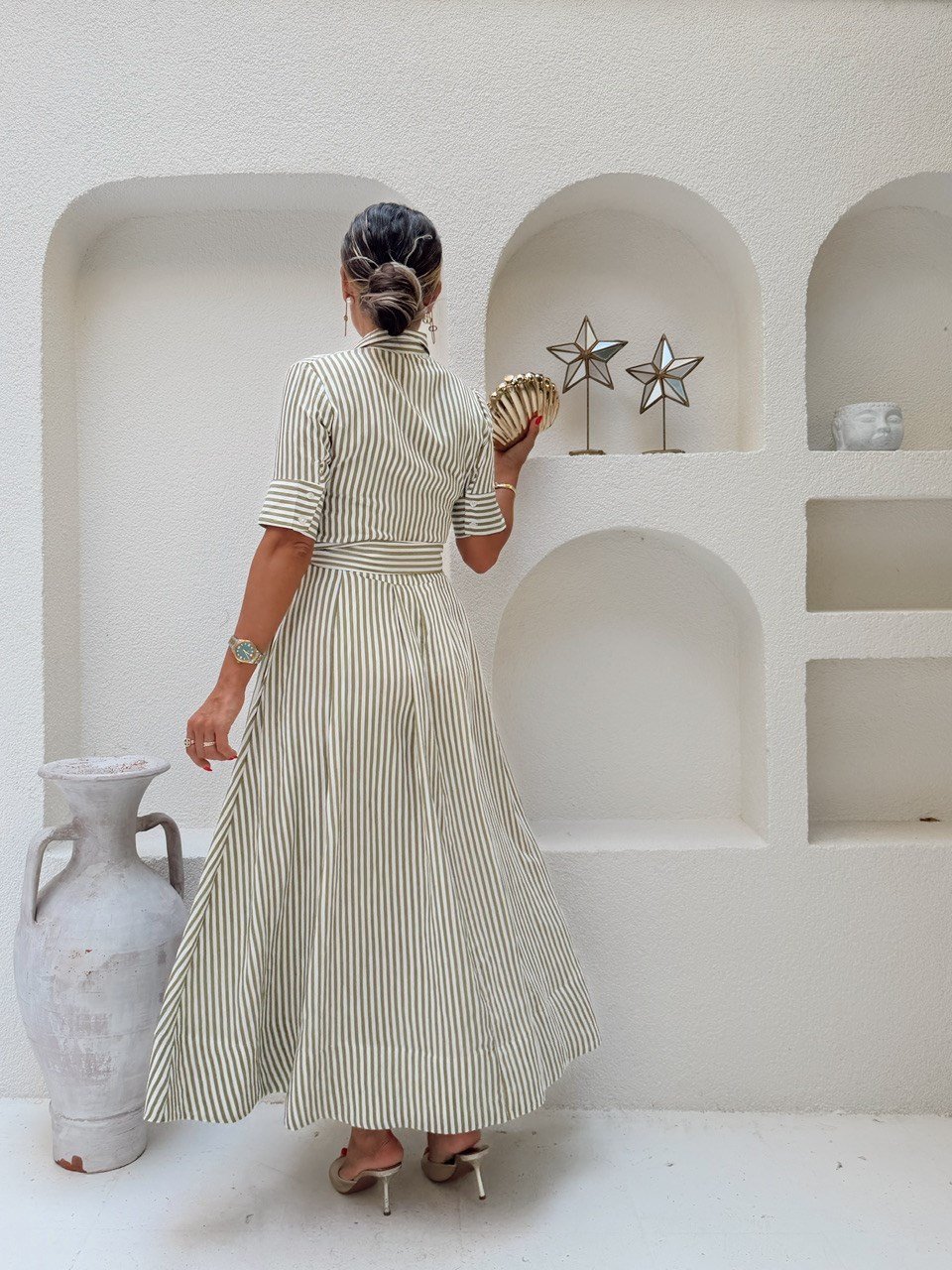 Nişantaşı Butik BEL KUŞAK DETAY YEŞİL ÇİZGİLİ GÖMLEK ELBİSE