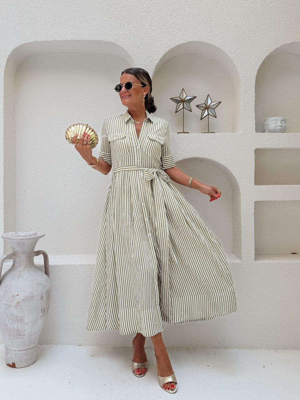Nişantaşı Butik BEL KUŞAK DETAY YEŞİL ÇİZGİLİ GÖMLEK ELBİSE
