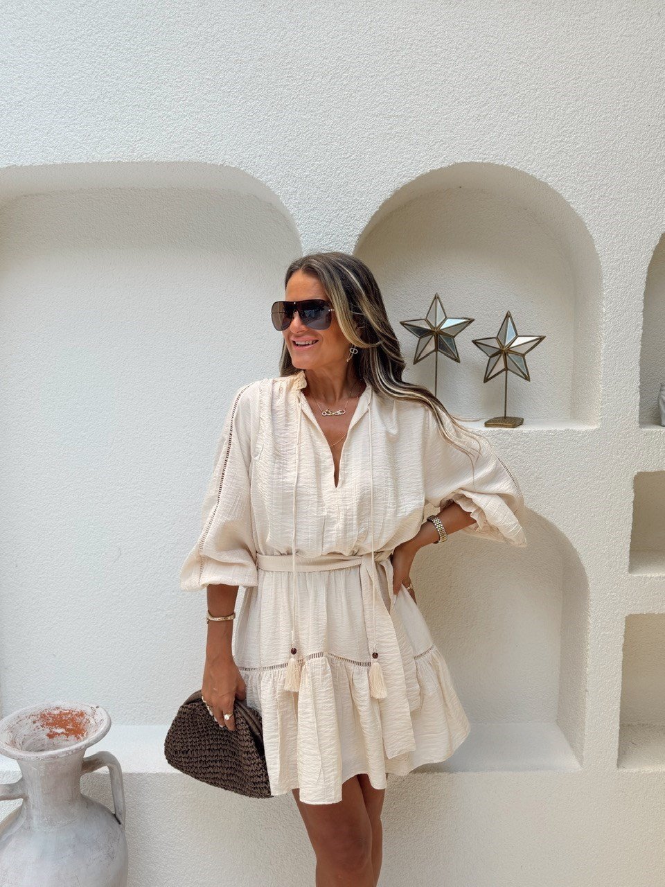 Nişantaşı Butik BEL KUSAKLI V YAKA NATURAL ELBİSE