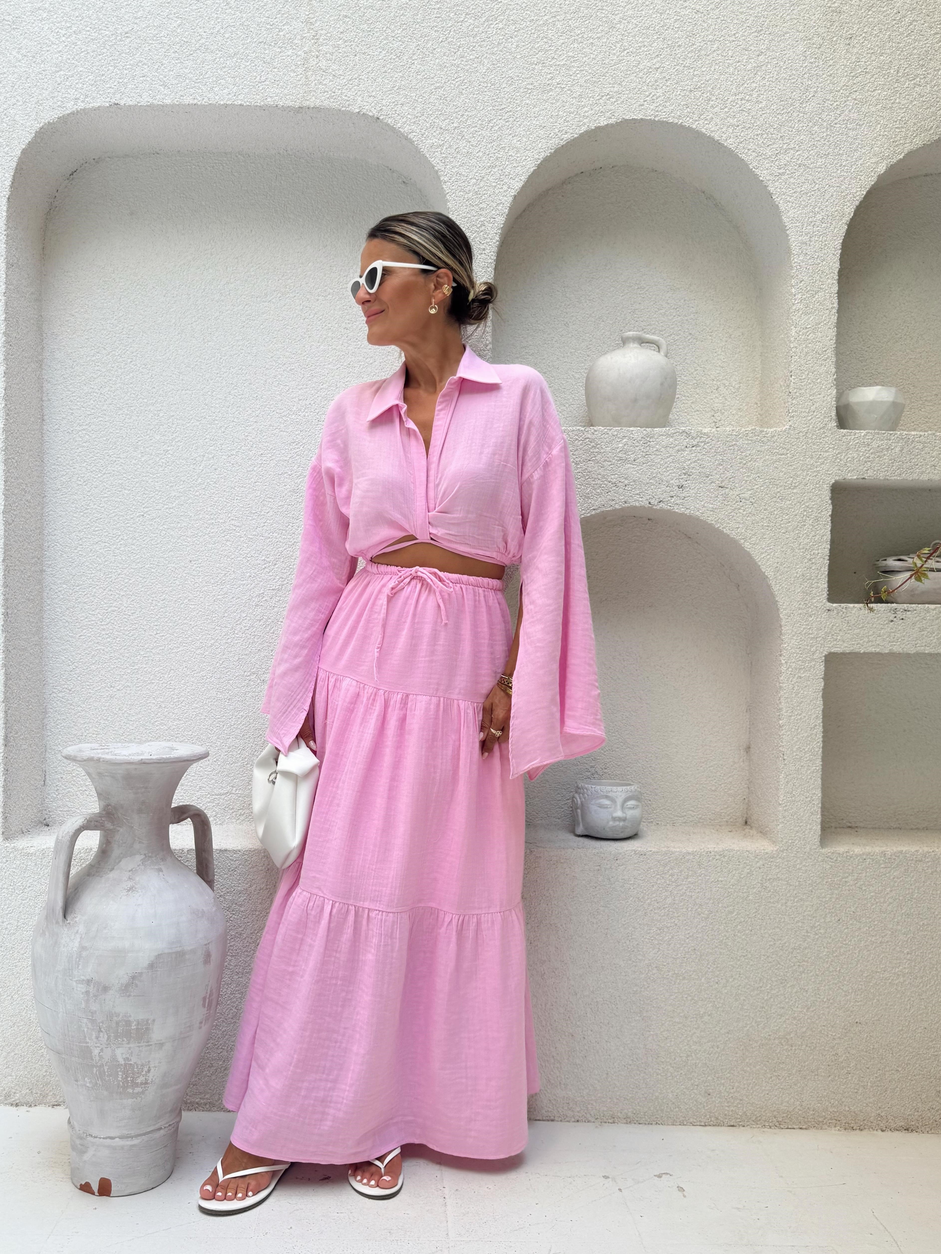 Nişantaşı Butik BEL VE KOL DETAY GÖMLEK ETEK MUSLİN TAKIM PEMBE