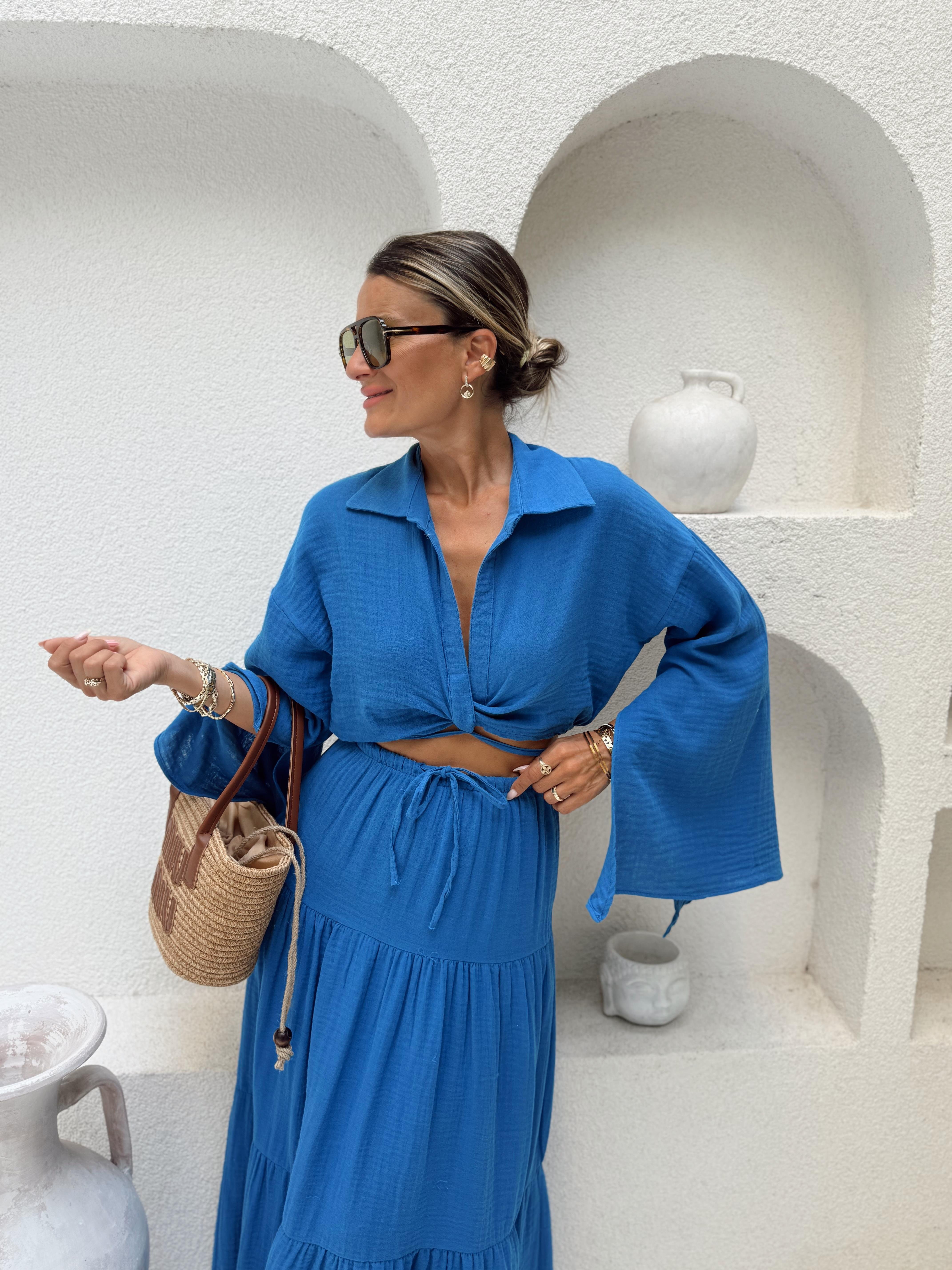 Nişantaşı Butik BEL VE KOL DETAY GÖMLEK ETEK MUSLİN TAKIM MAVİ