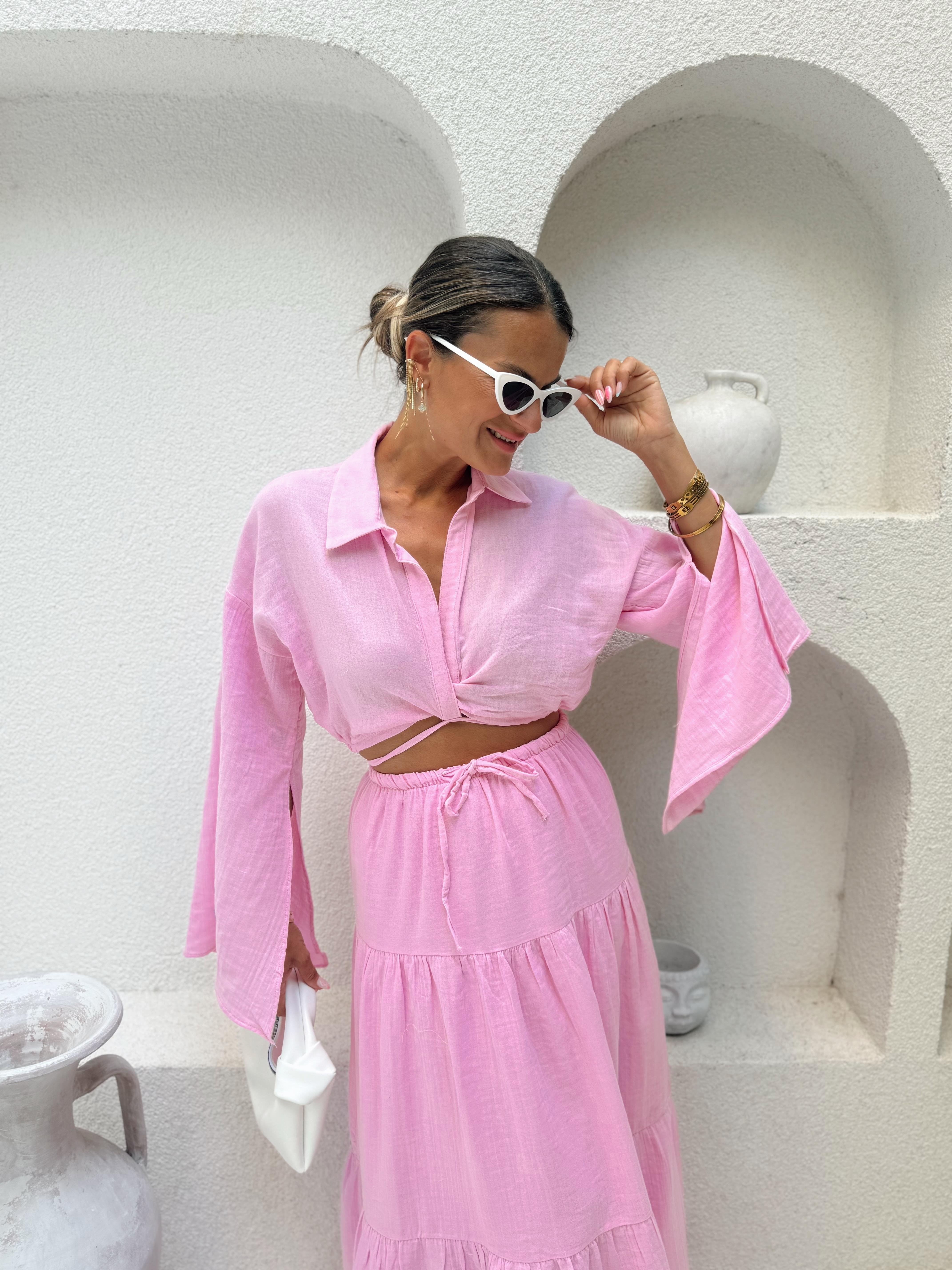 Nişantaşı Butik BEL VE KOL DETAY GÖMLEK ETEK MUSLİN TAKIM PEMBE
