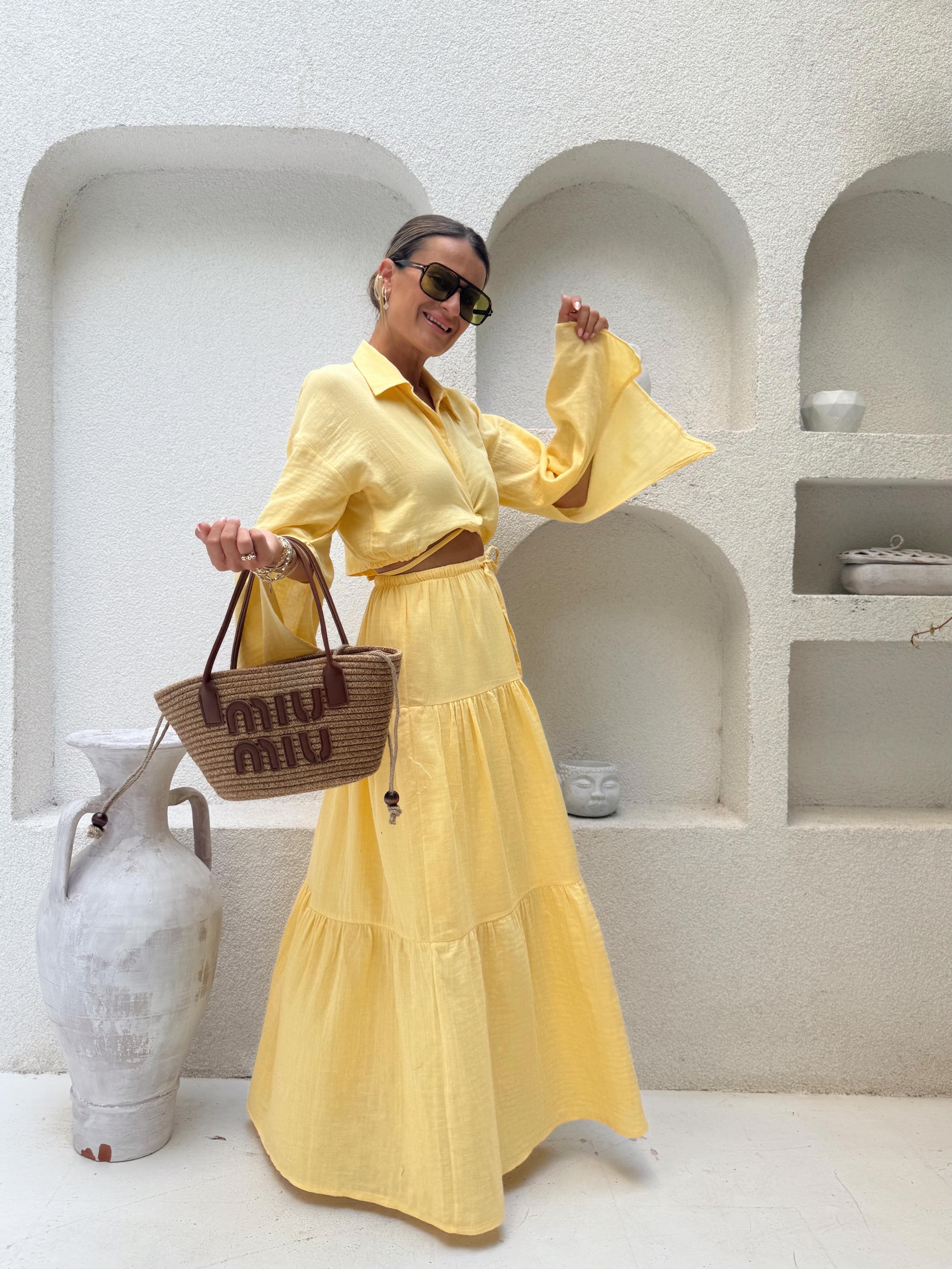 Nişantaşı Butik BEL VE KOL DETAY GÖMLEK ETEK MUSLİN TAKIM SARI