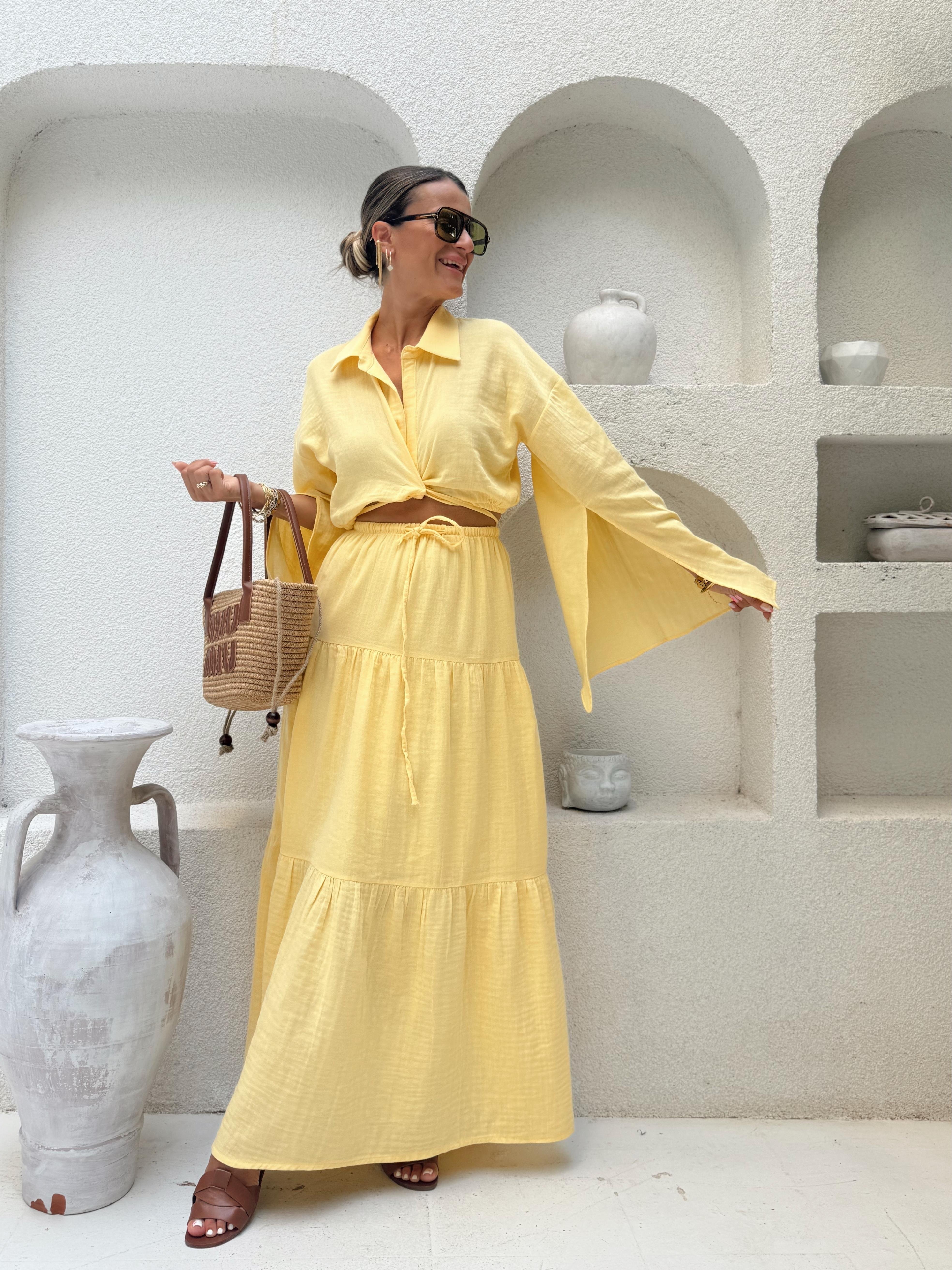 Nişantaşı Butik BEL VE KOL DETAY GÖMLEK ETEK MUSLİN TAKIM SARI
