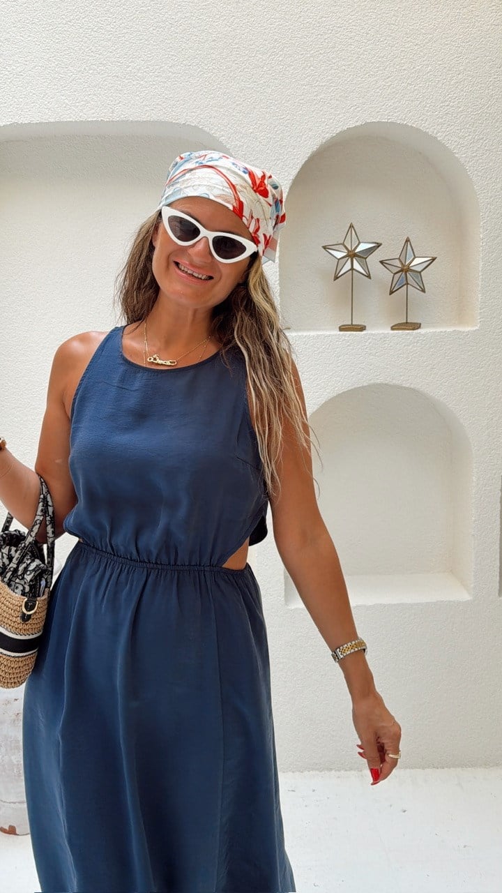 Nişantaşı Butik BEL VE SIRT DETAY TENSEL ELBİSE İNDİGO
