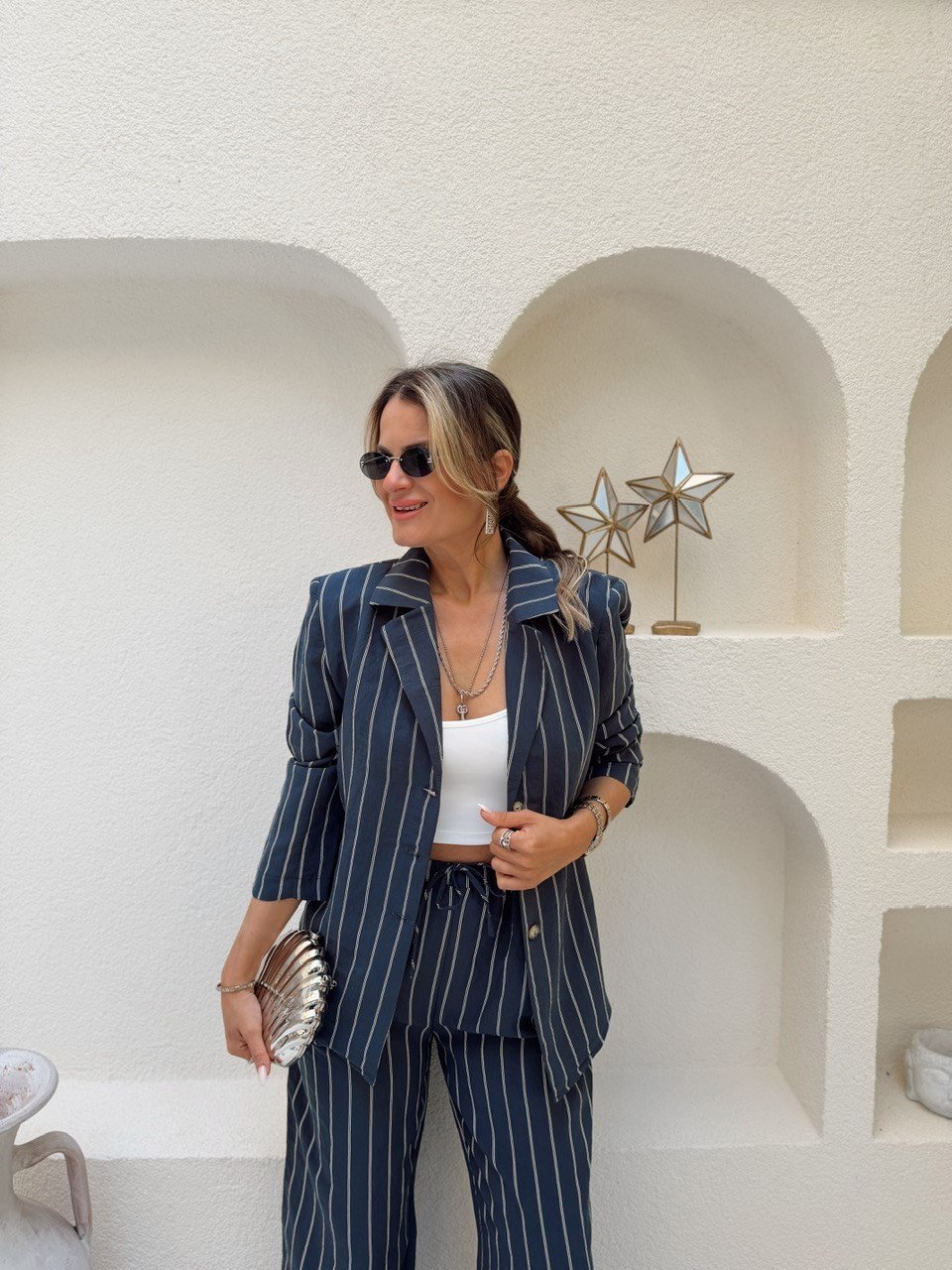 Nişantaşı Butik BLAZER PANTOLON ÇİZGİLİ TENSEL TAKIM LACİVERT