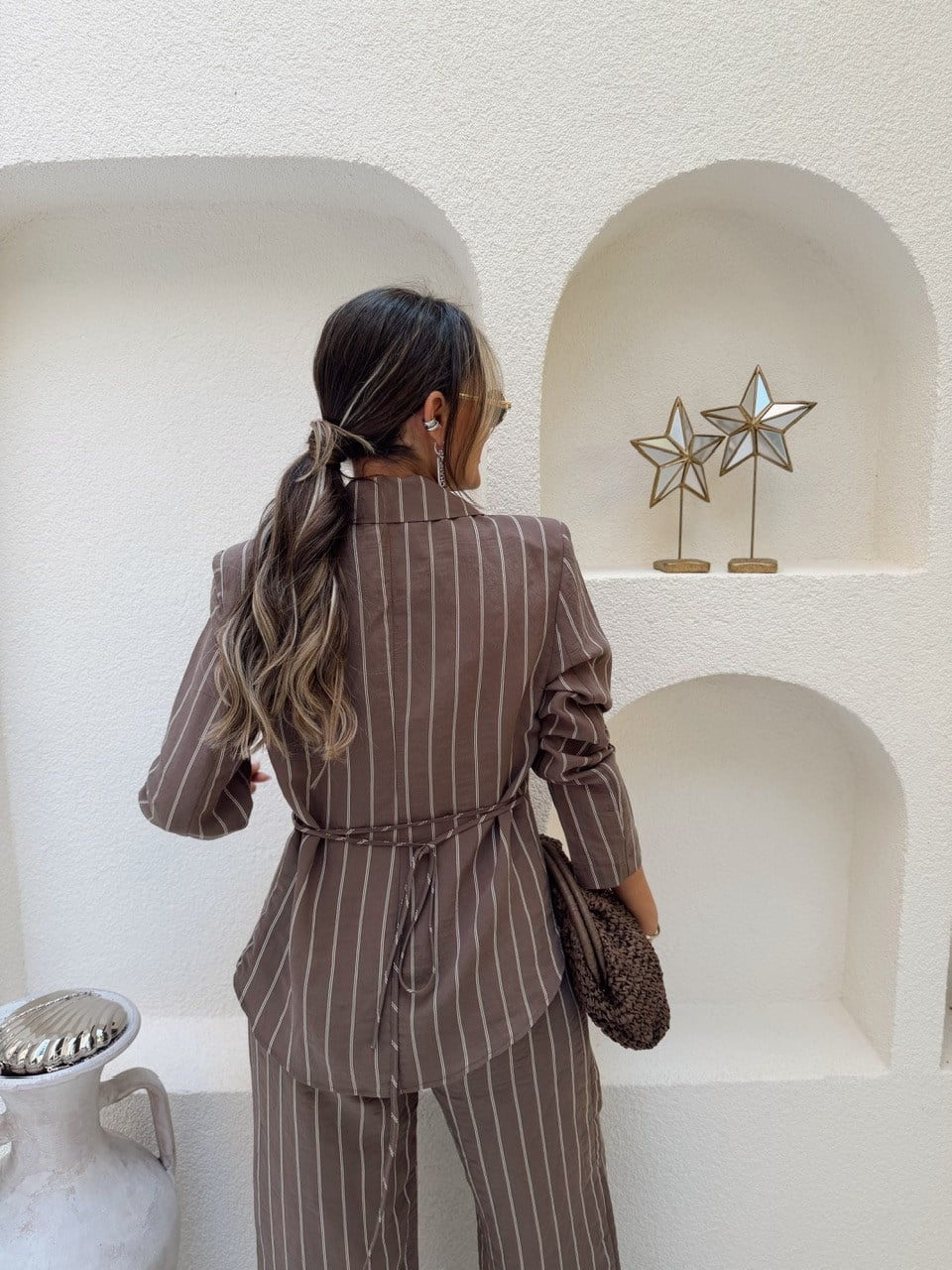 Nişantaşı Butik BLAZER PANTOLON ÇİZGİLİ TENSEL TAKIM TATLI KAHVE